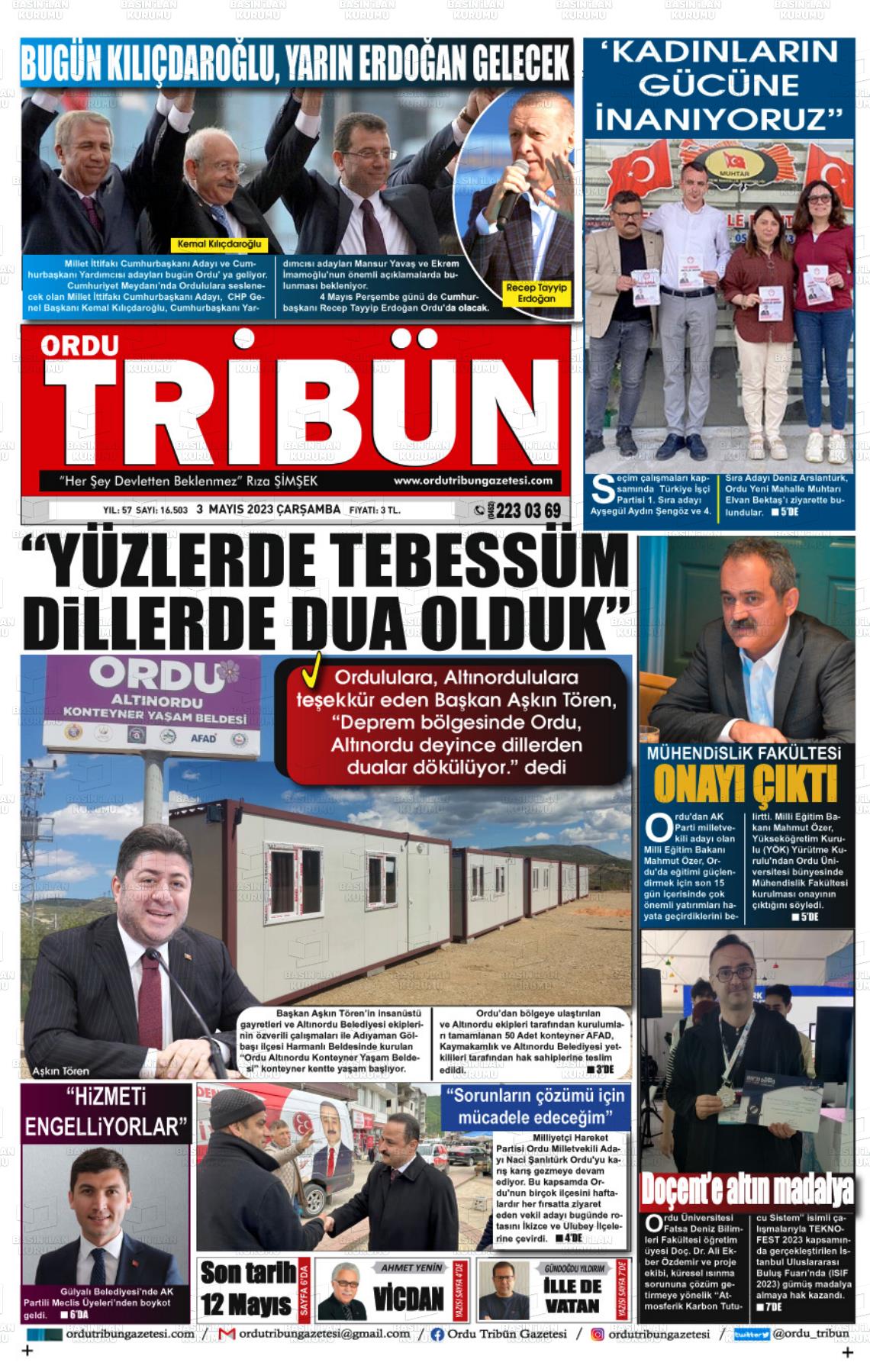 03 Mayıs 2023 Ordu Tribün Gazete Manşeti