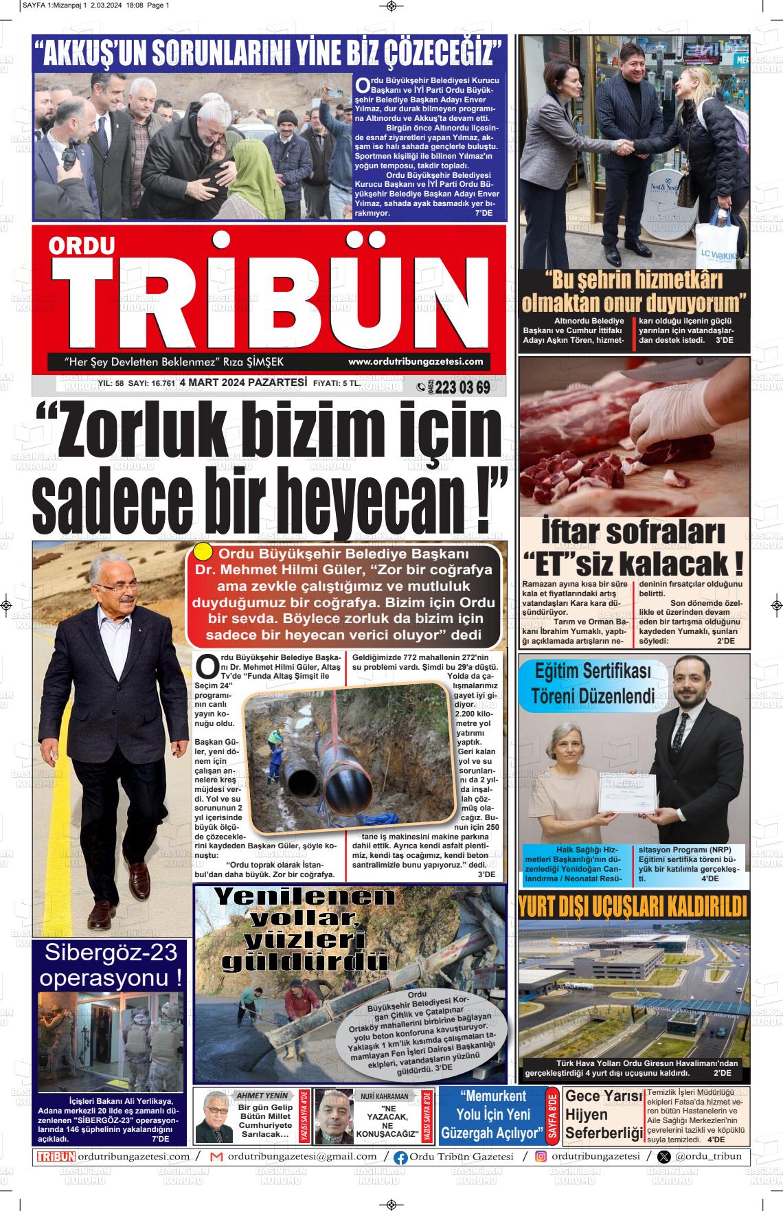 04 Mart 2024 Ordu Tribün Gazete Manşeti