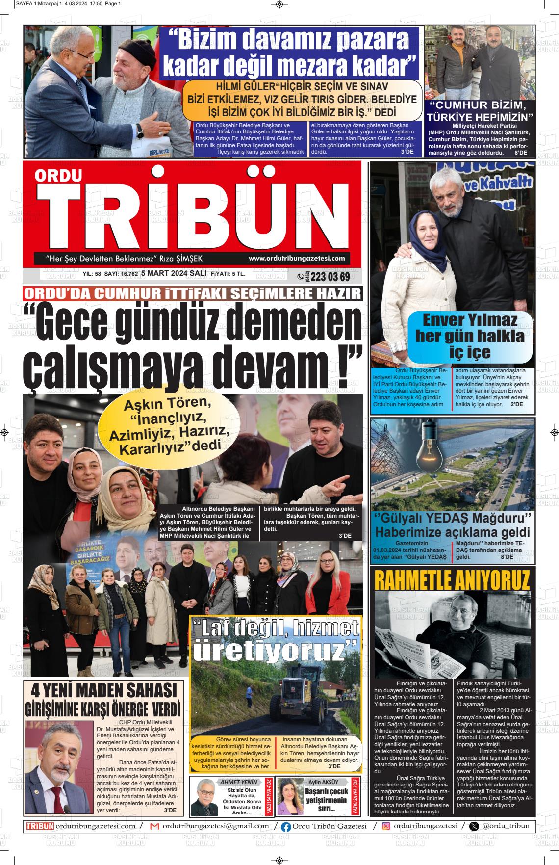 07 Mart 2024 Ordu Tribün Gazete Manşeti