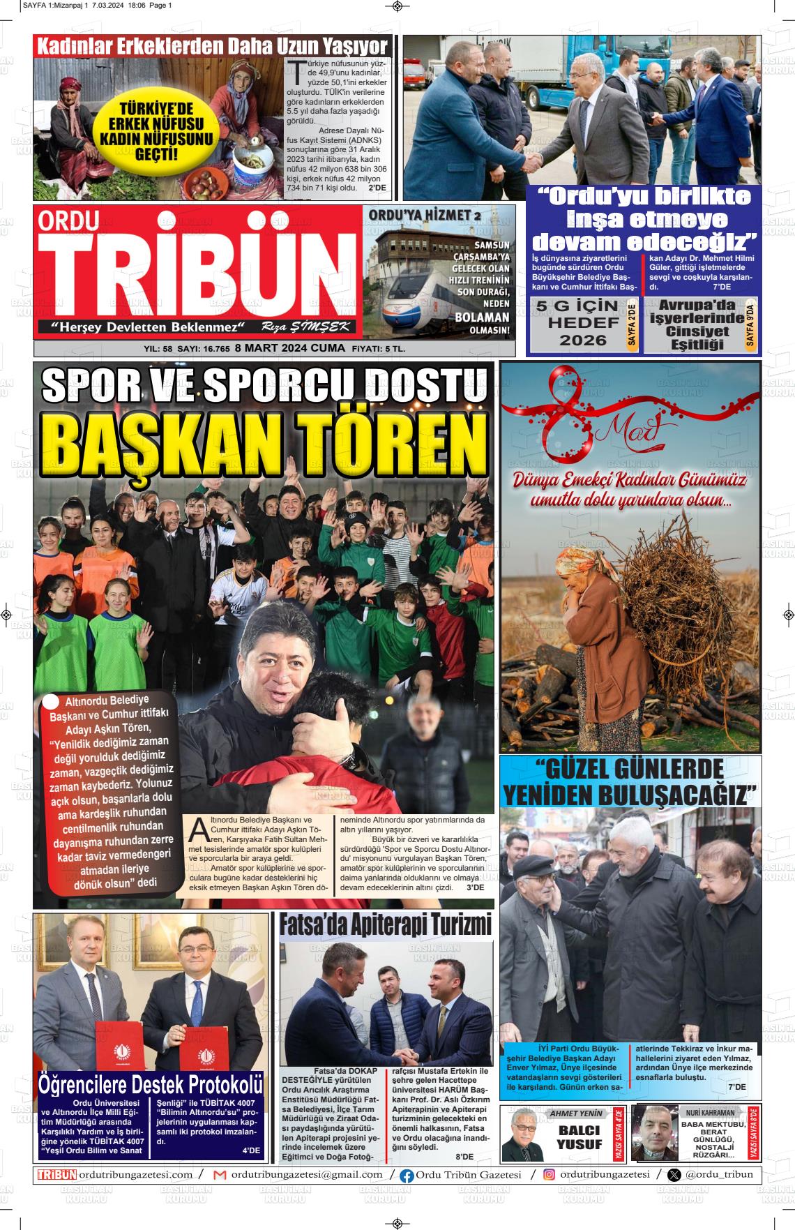 08 Mart 2024 Ordu Tribün Gazete Manşeti