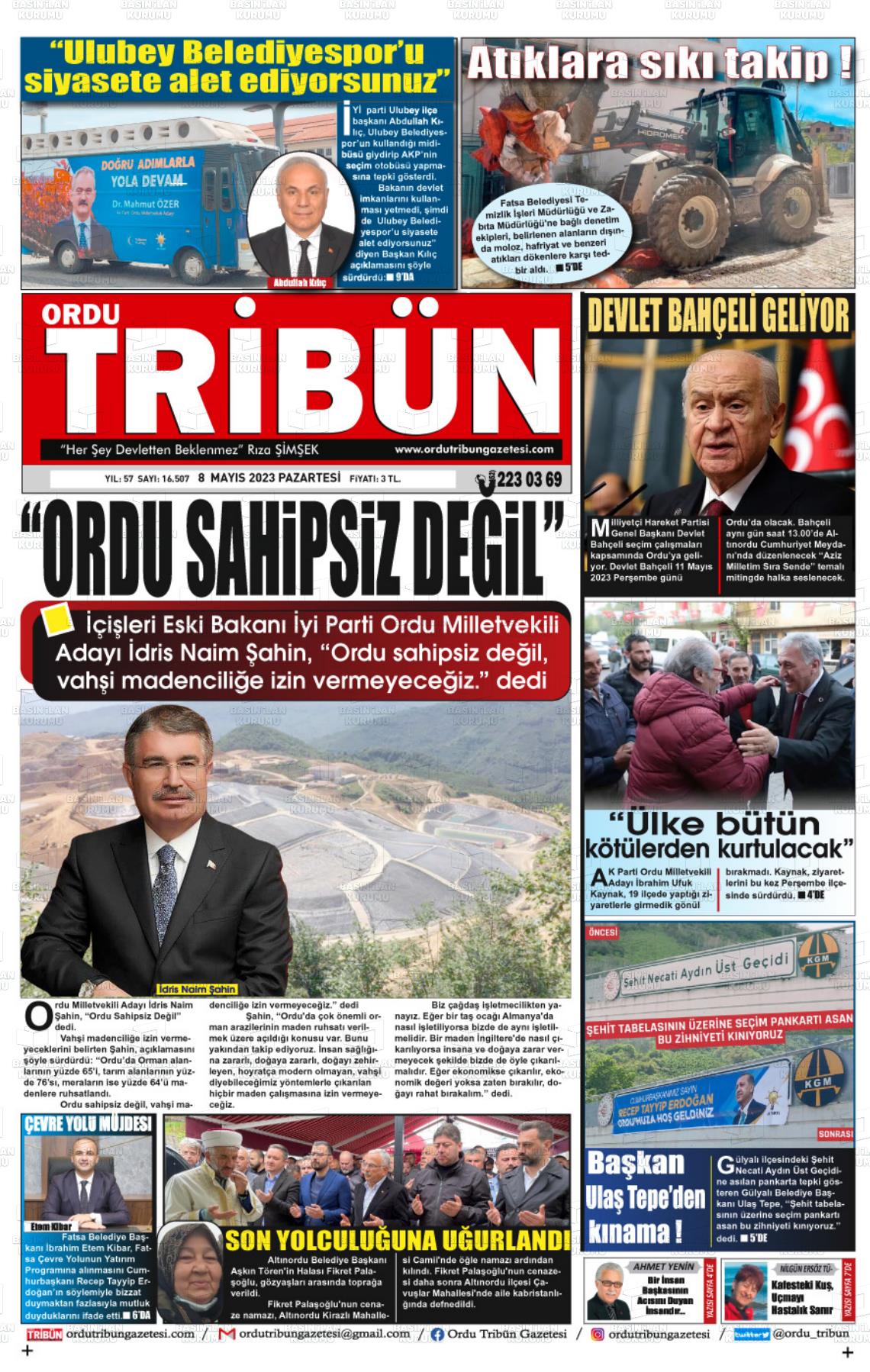 08 Mayıs 2023 Ordu Tribün Gazete Manşeti