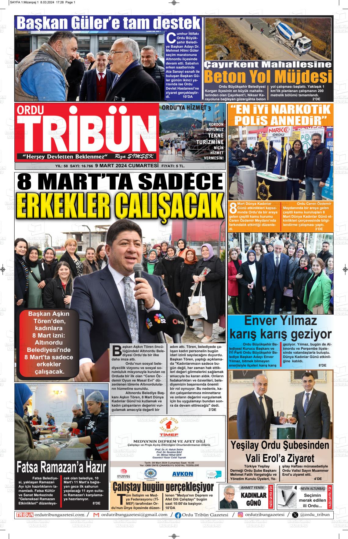 09 Mart 2024 Ordu Tribün Gazete Manşeti