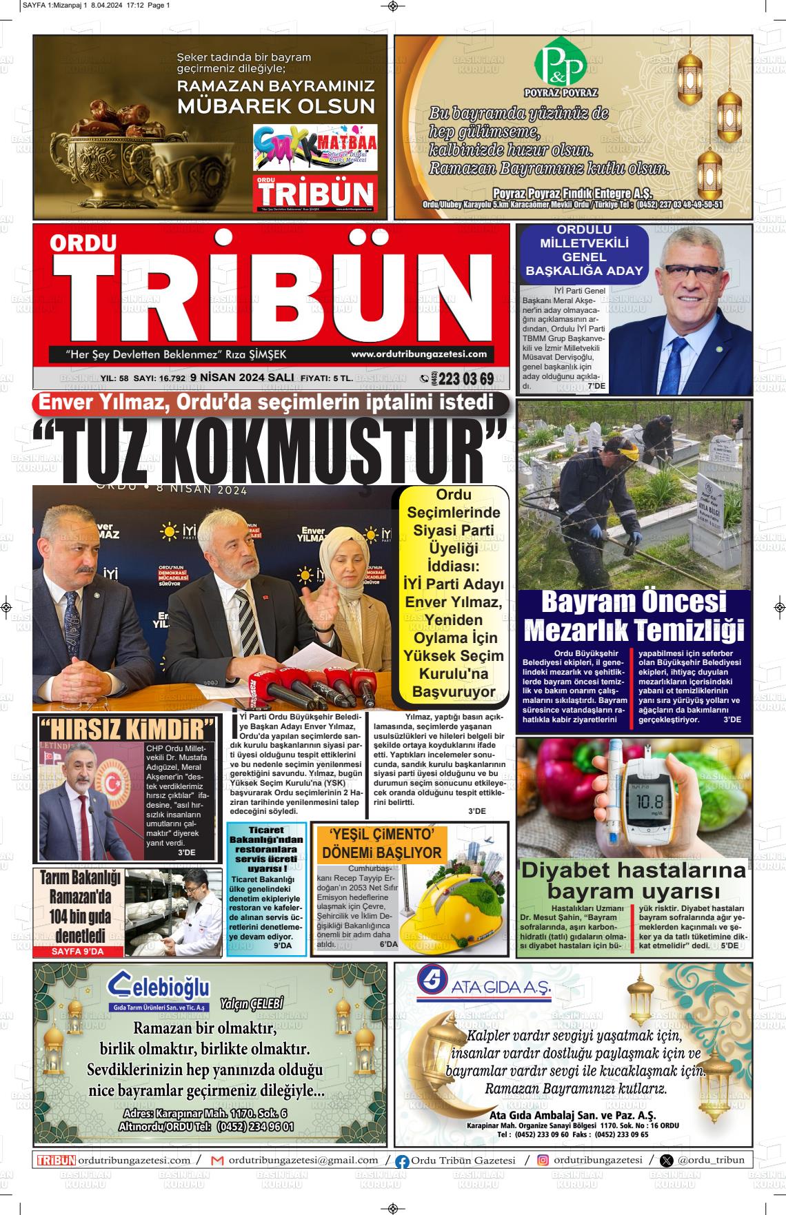 09 Nisan 2024 Ordu Tribün Gazete Manşeti