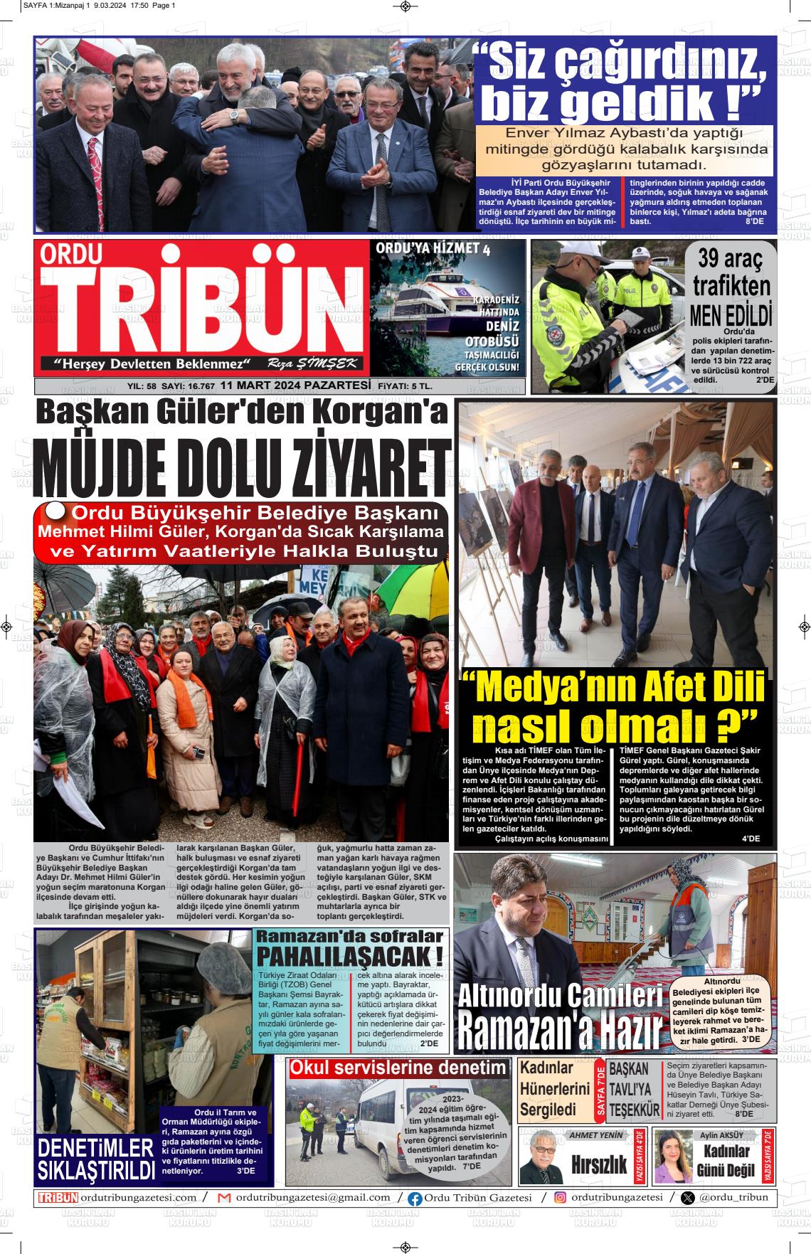 11 Mart 2024 Ordu Tribün Gazete Manşeti