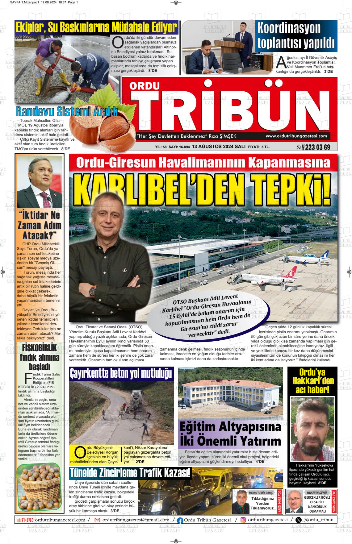 13 Ağustos 2024 Ordu Tribün Gazete Manşeti