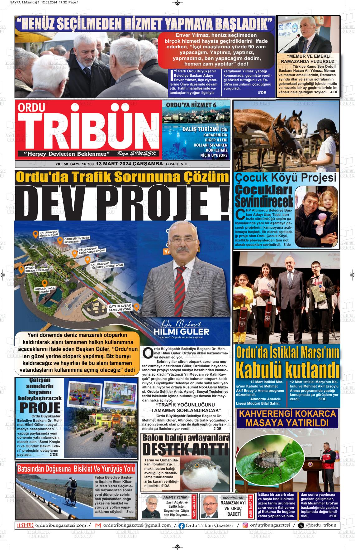 13 Mart 2024 Ordu Tribün Gazete Manşeti