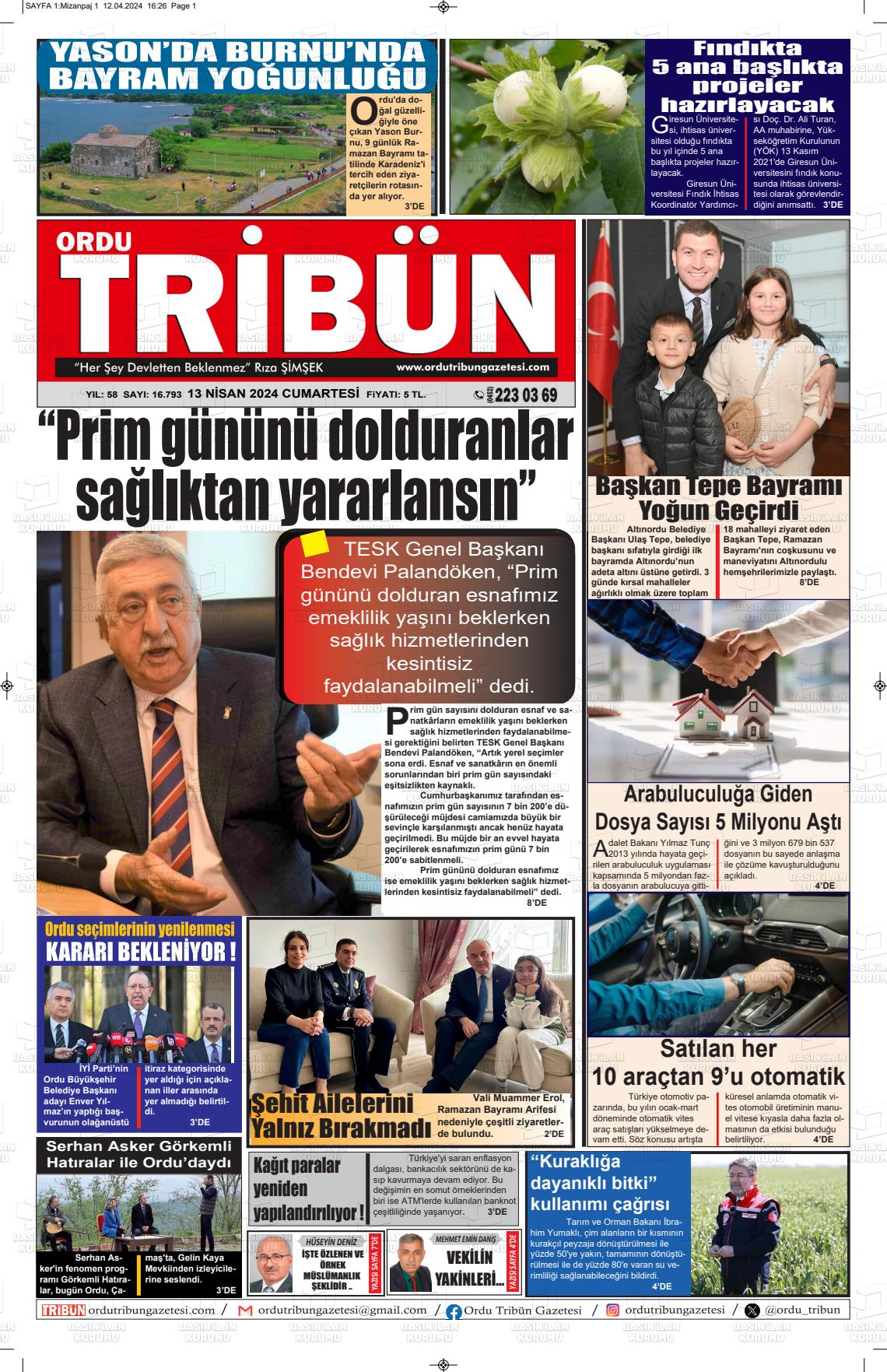 13 Nisan 2024 Ordu Tribün Gazete Manşeti