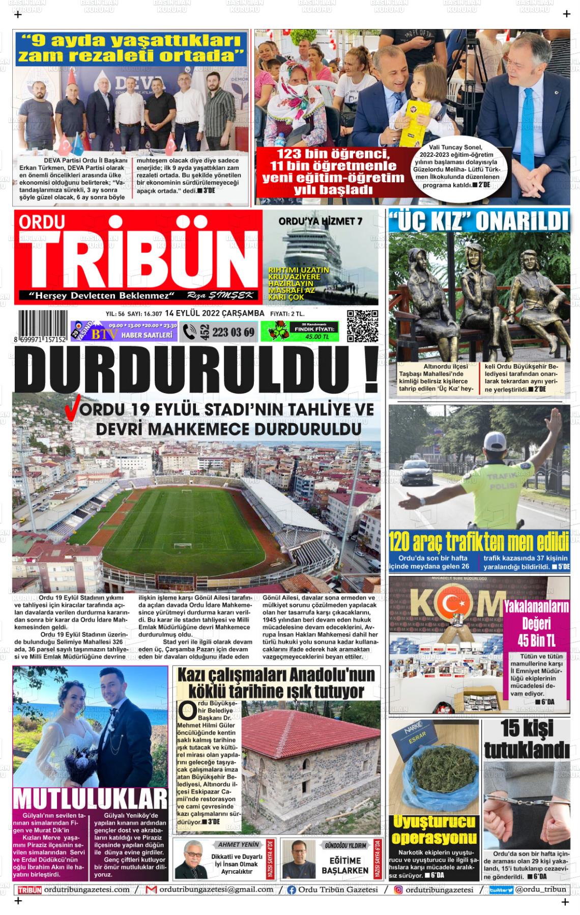 14 Eylül 2022 Ordu Tribün Gazete Manşeti