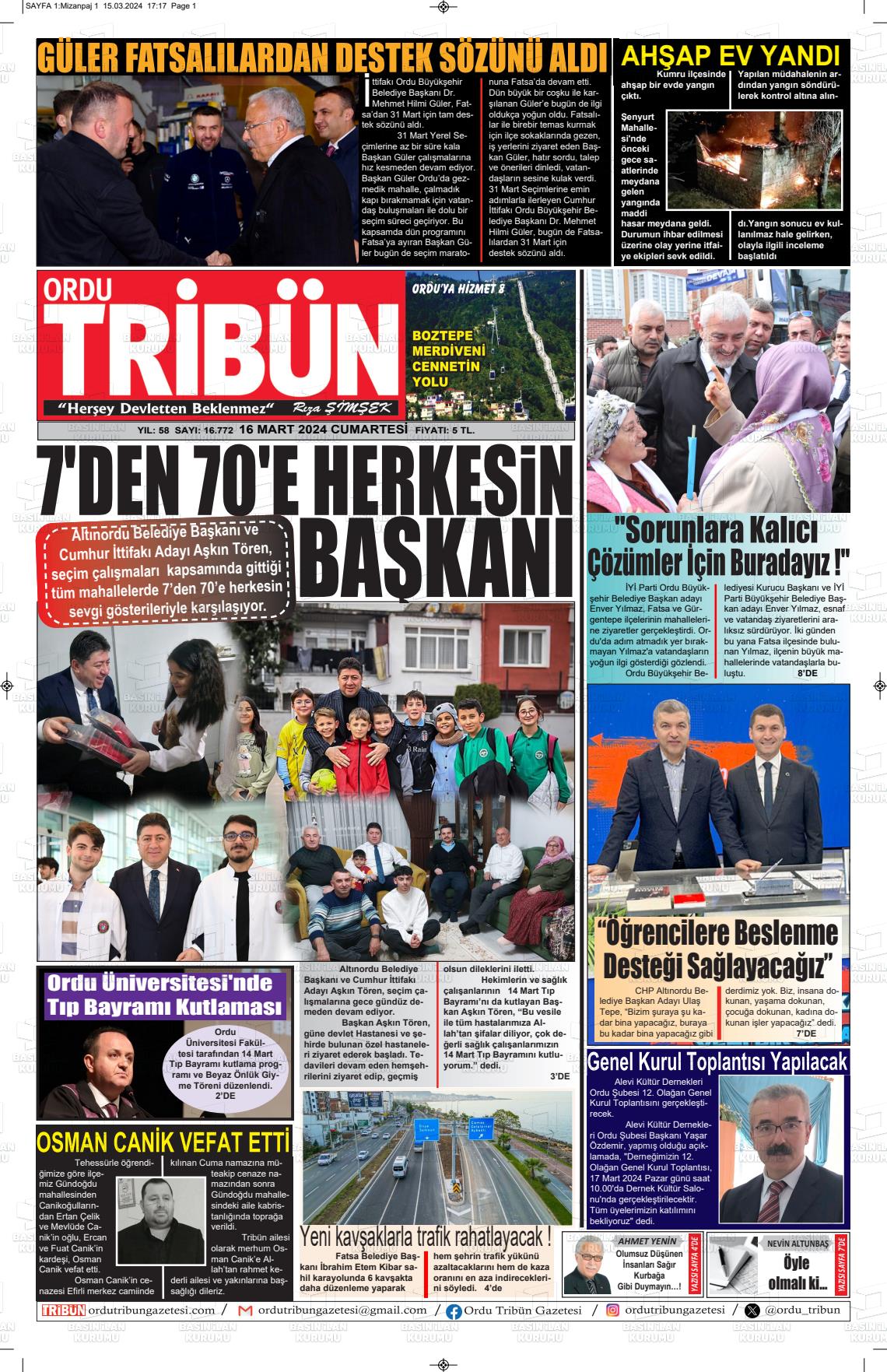 16 Mart 2024 Ordu Tribün Gazete Manşeti