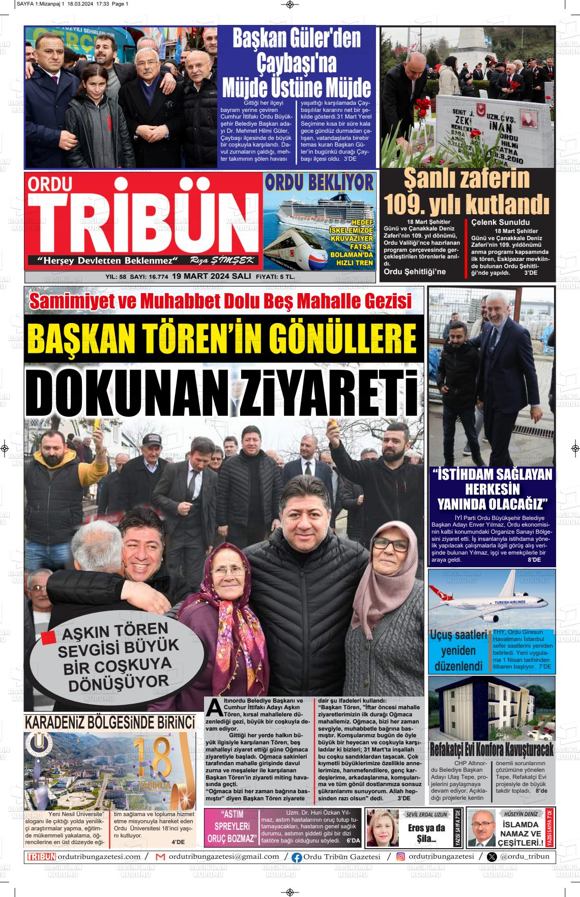 19 Mart 2024 Ordu Tribün Gazete Manşeti