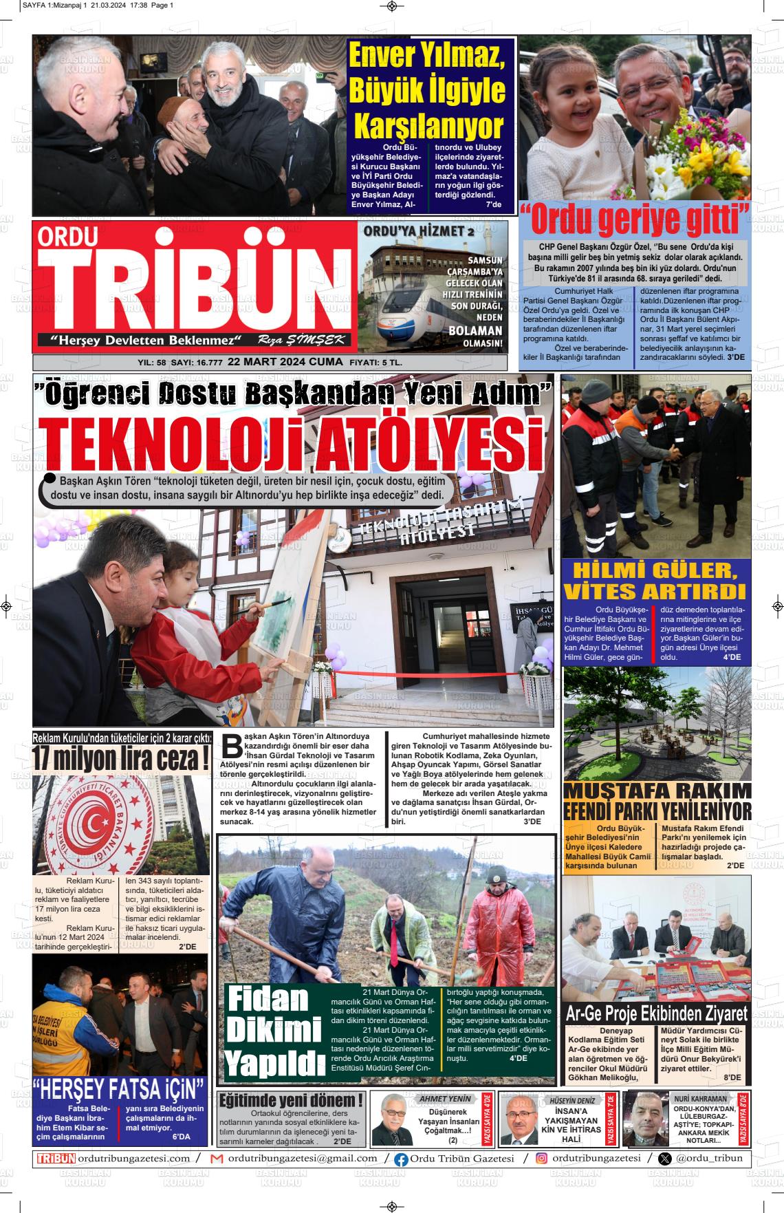 22 Mart 2024 Ordu Tribün Gazete Manşeti