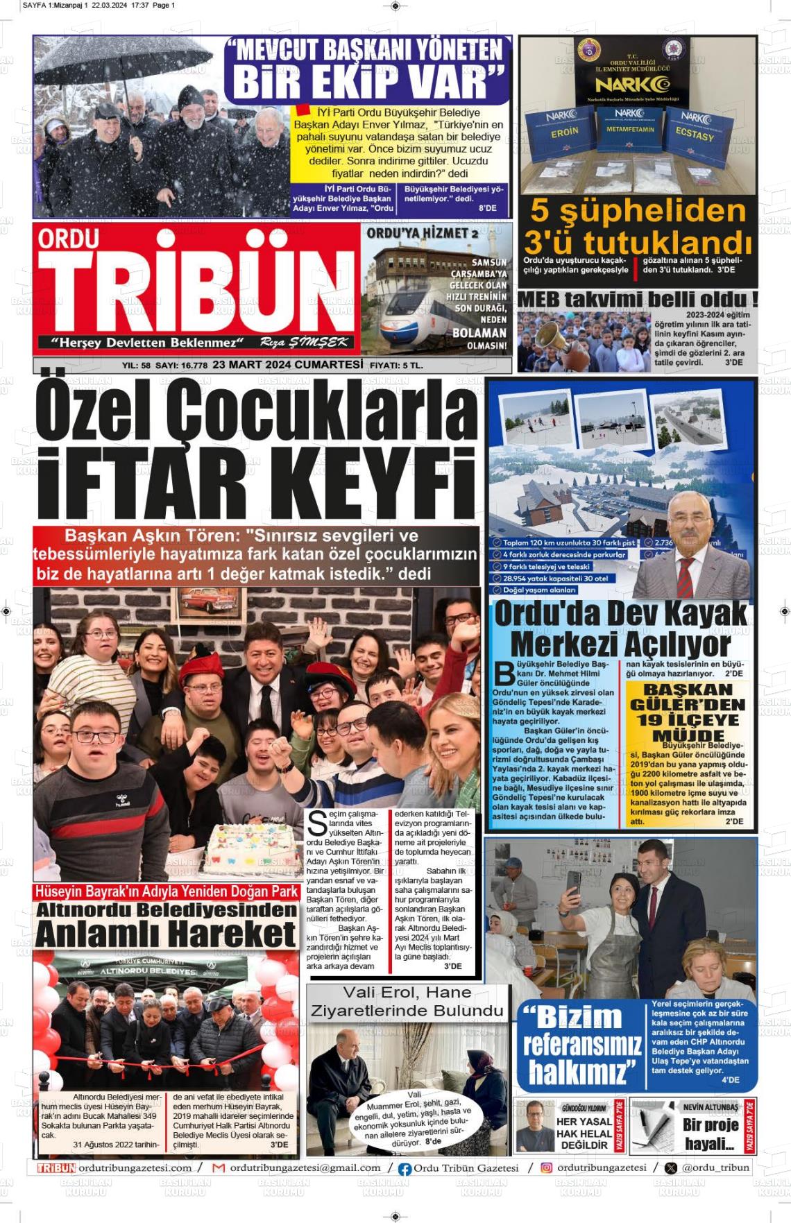 23 Mart 2024 Ordu Tribün Gazete Manşeti