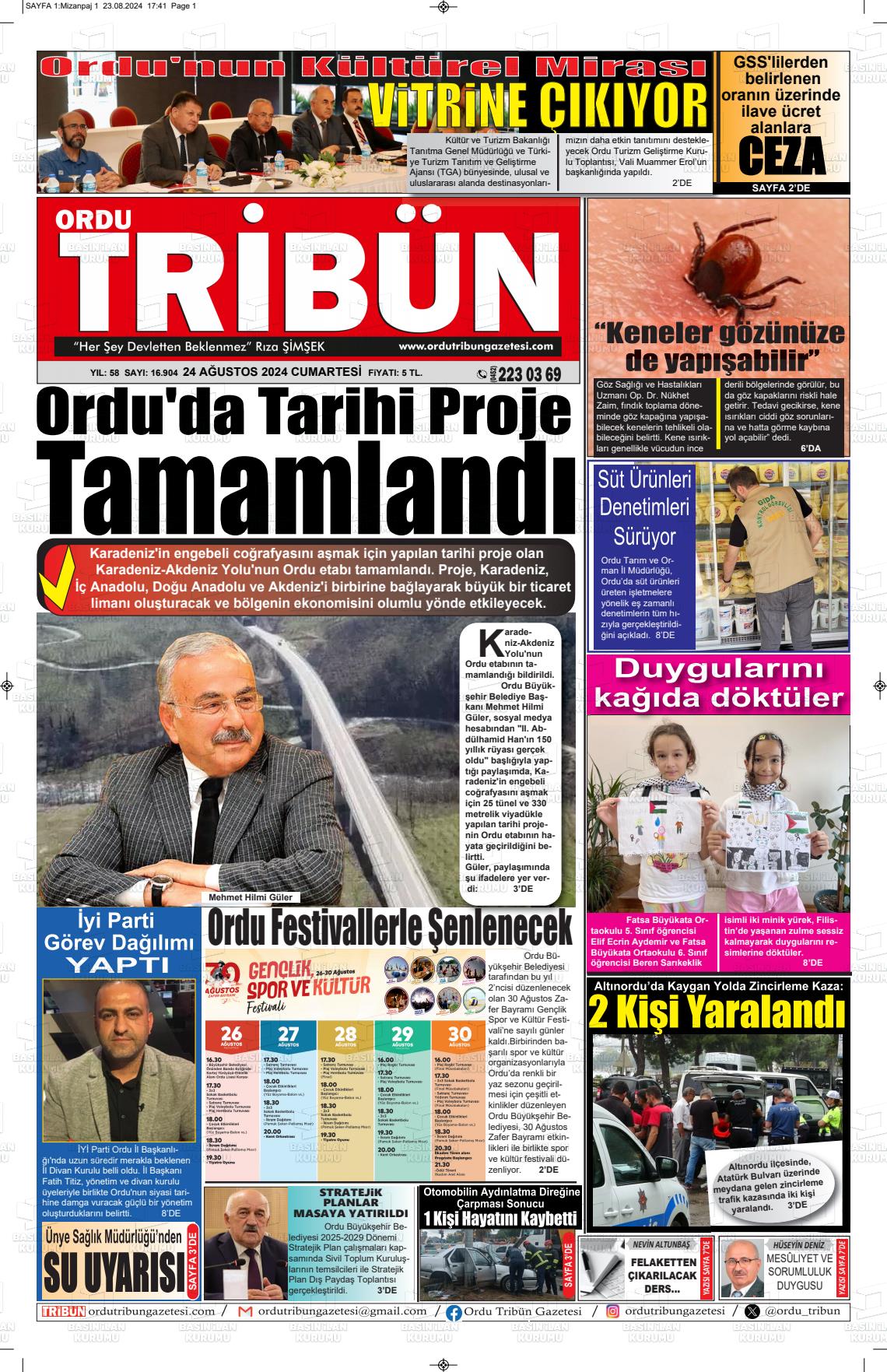 24 Ağustos 2024 Ordu Tribün Gazete Manşeti