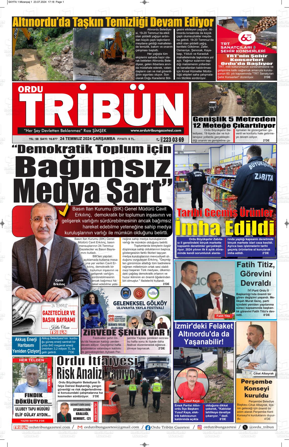 24 Temmuz 2024 Ordu Tribün Gazete Manşeti