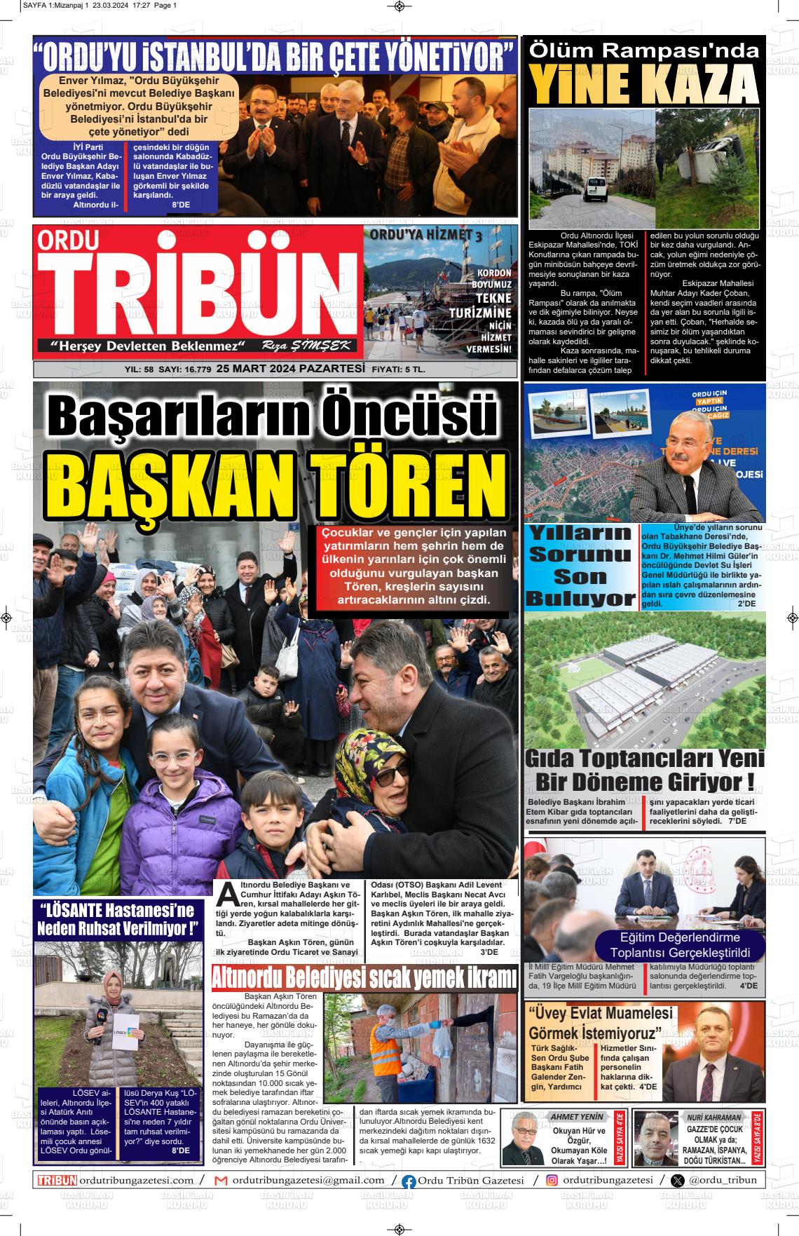 25 Mart 2024 Ordu Tribün Gazete Manşeti