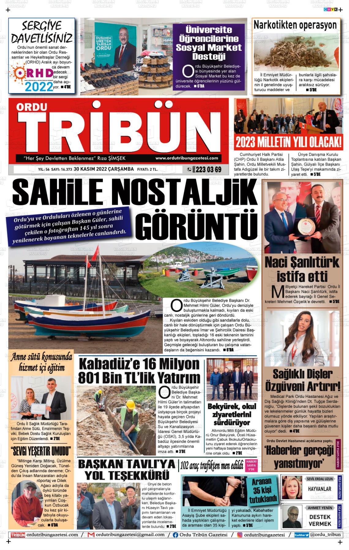 30 Kasım 2022 Ordu Tribün Gazete Manşeti
