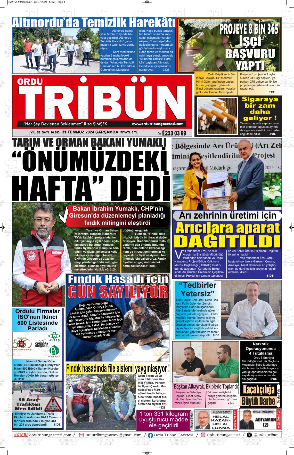 31 Temmuz 2024 Ordu Tribün Gazete Manşeti