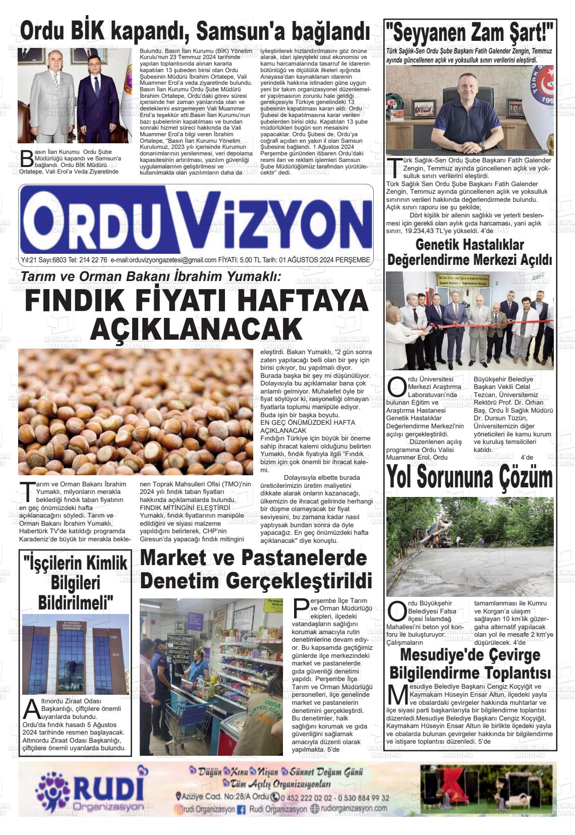 01 Ağustos 2024 Ordu Vizyon Gazete Manşeti