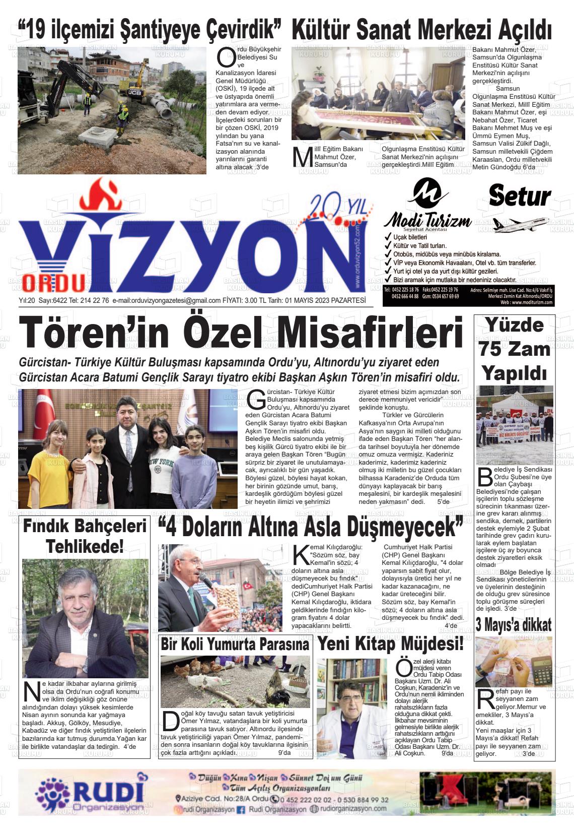 01 Mayıs 2023 Ordu Vizyon Gazete Manşeti