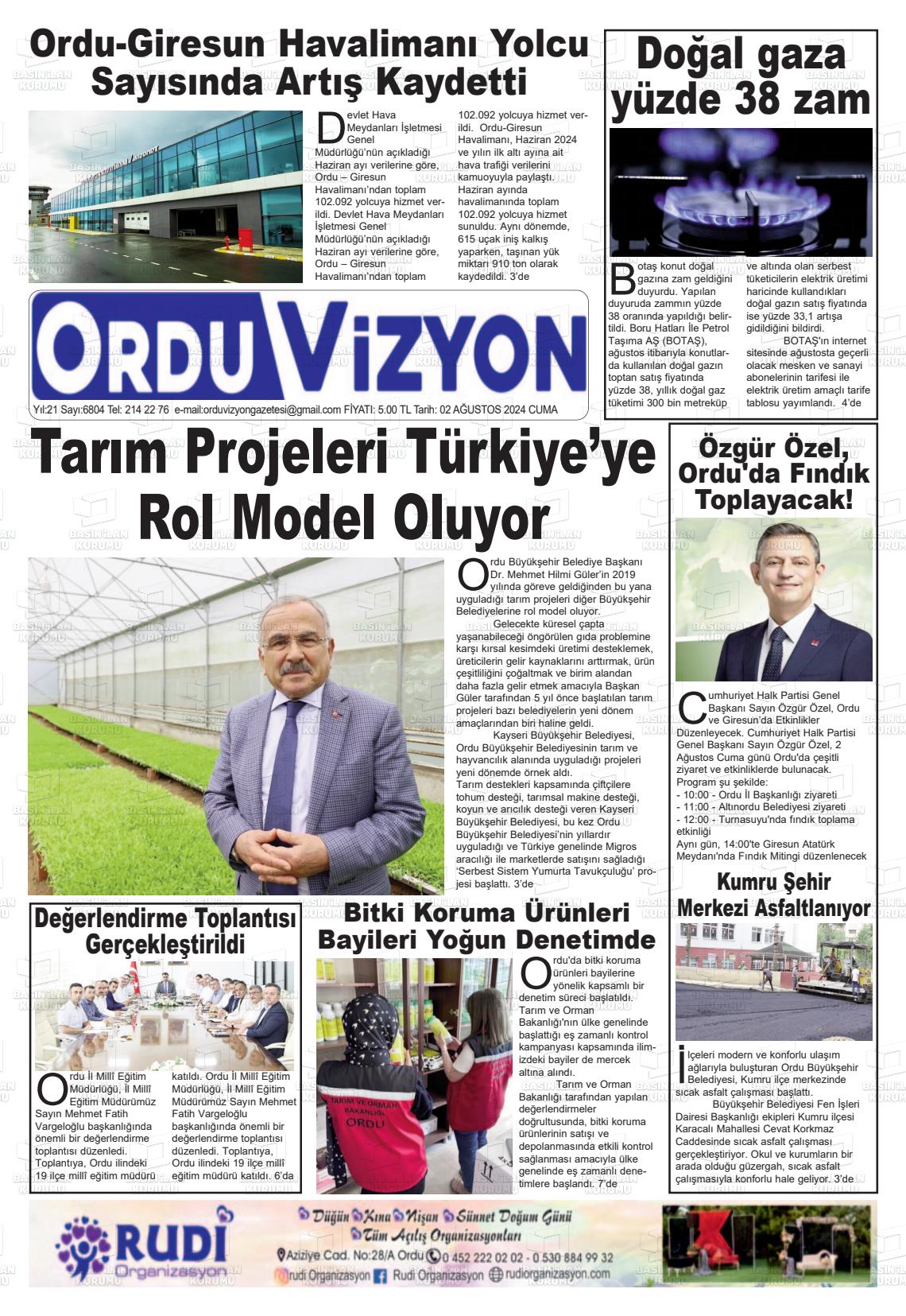 02 Ağustos 2024 Ordu Vizyon Gazete Manşeti