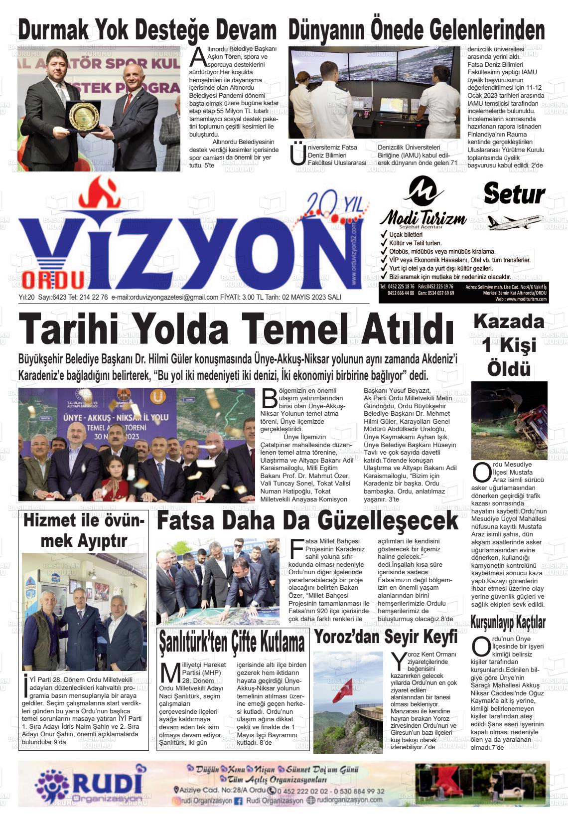 02 Mayıs 2023 Ordu Vizyon Gazete Manşeti