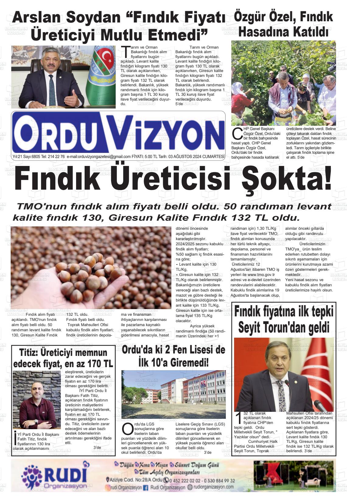 03 Ağustos 2024 Ordu Vizyon Gazete Manşeti