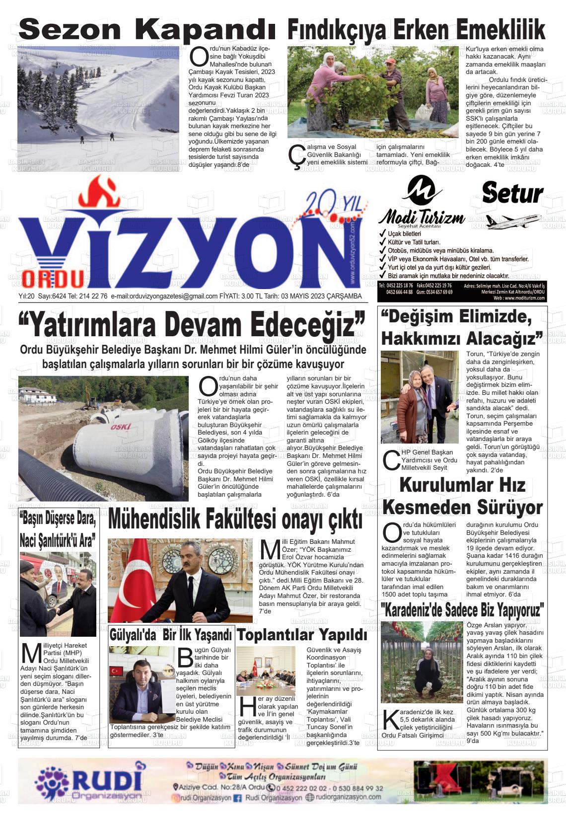 03 Mayıs 2023 Ordu Vizyon Gazete Manşeti