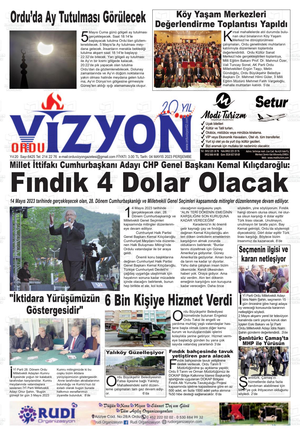 04 Mayıs 2023 Ordu Vizyon Gazete Manşeti