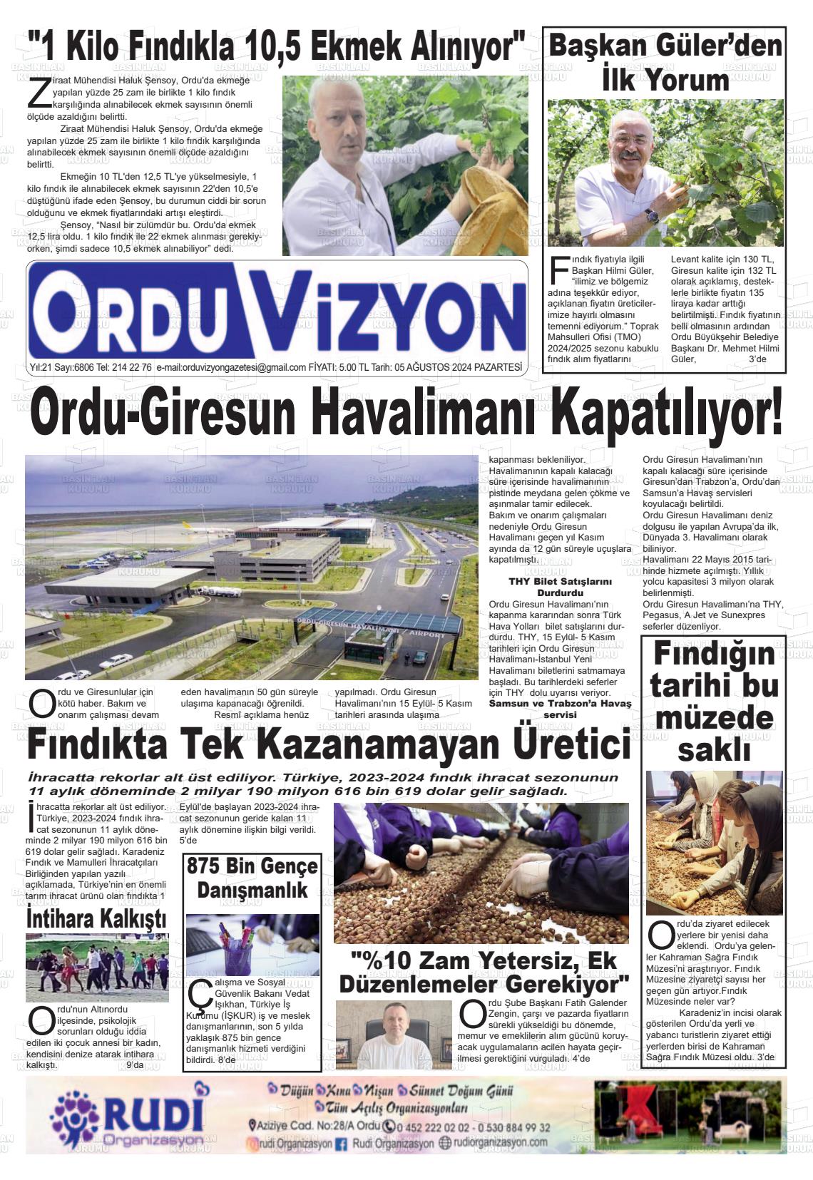 05 Ağustos 2024 Ordu Vizyon Gazete Manşeti