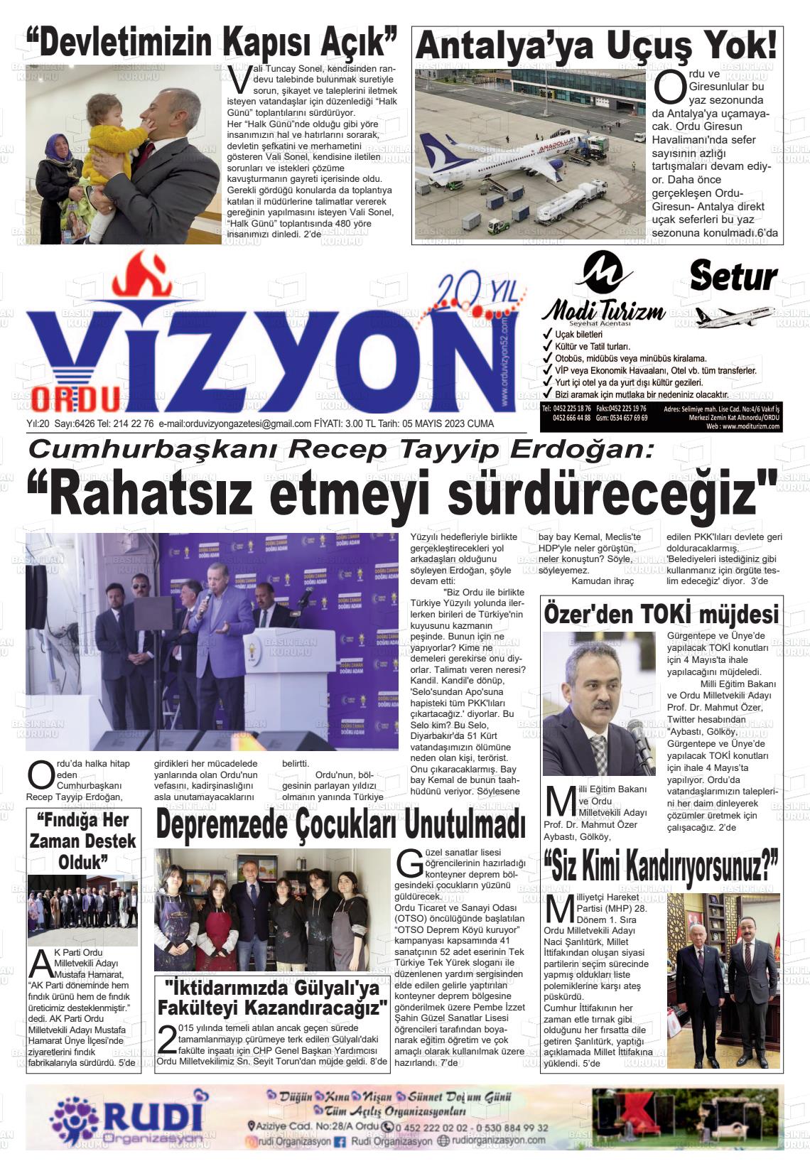 05 Mayıs 2023 Ordu Vizyon Gazete Manşeti