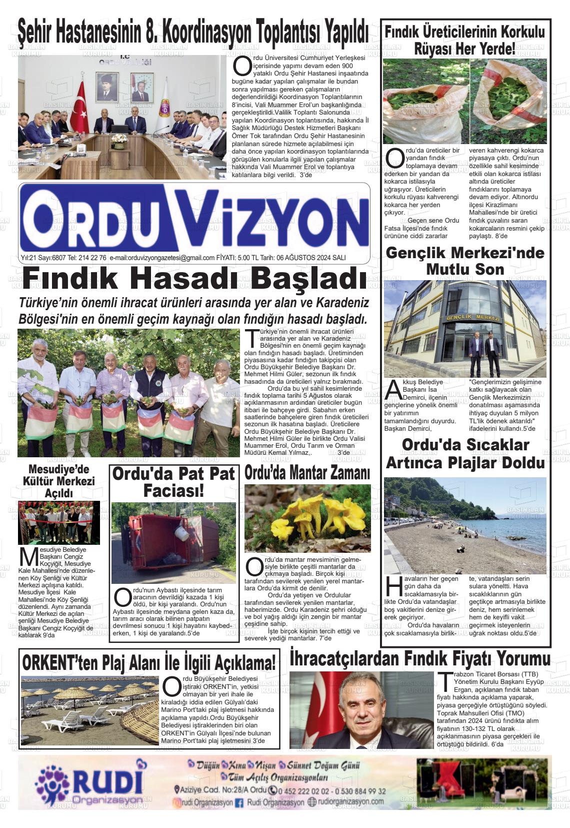 06 Ağustos 2024 Ordu Vizyon Gazete Manşeti