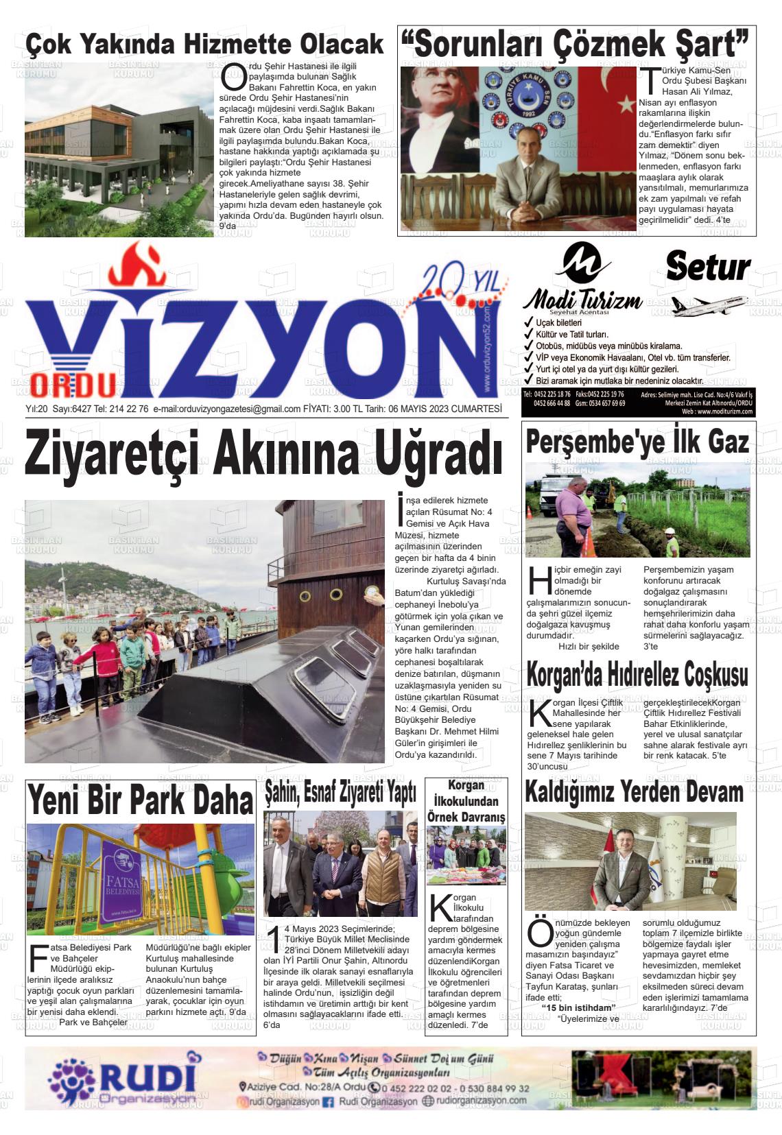 06 Mayıs 2023 Ordu Vizyon Gazete Manşeti