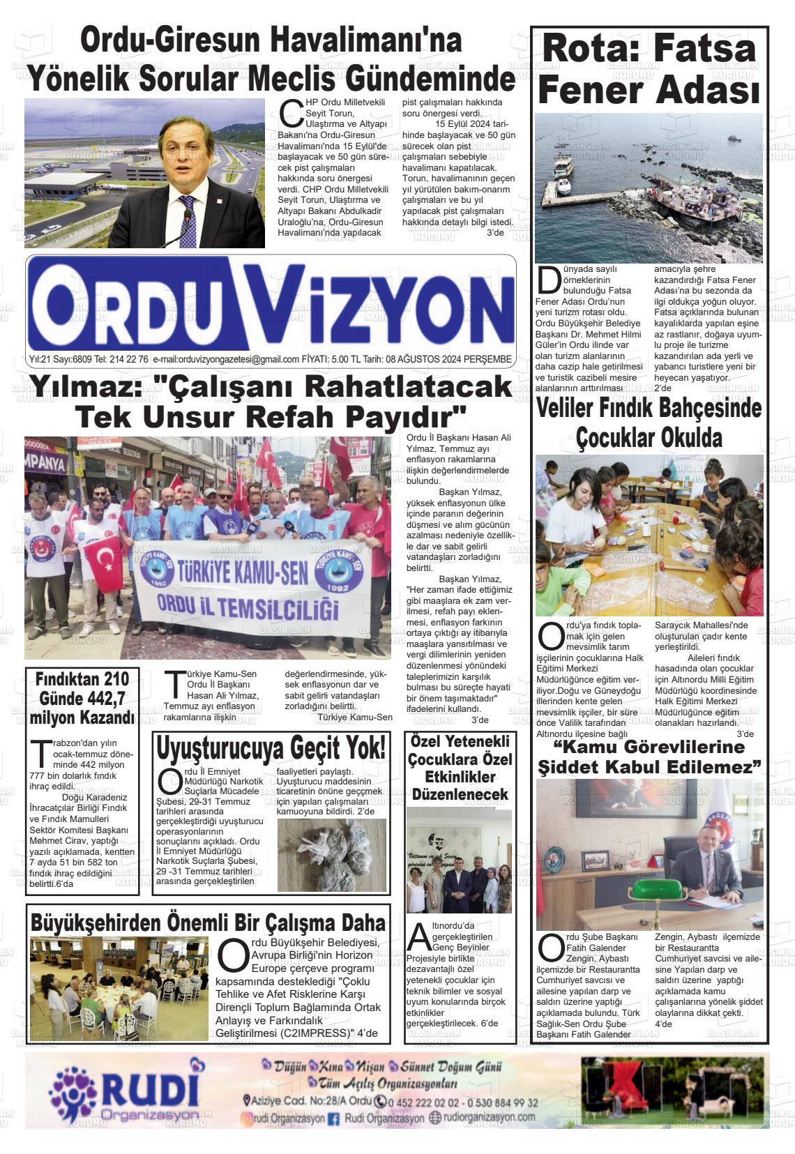 08 Ağustos 2024 Ordu Vizyon Gazete Manşeti