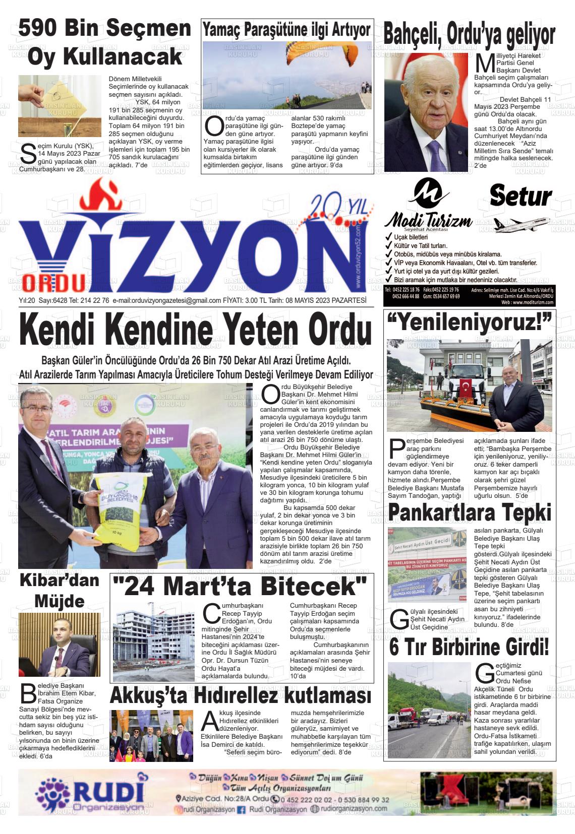 08 Mayıs 2023 Ordu Vizyon Gazete Manşeti