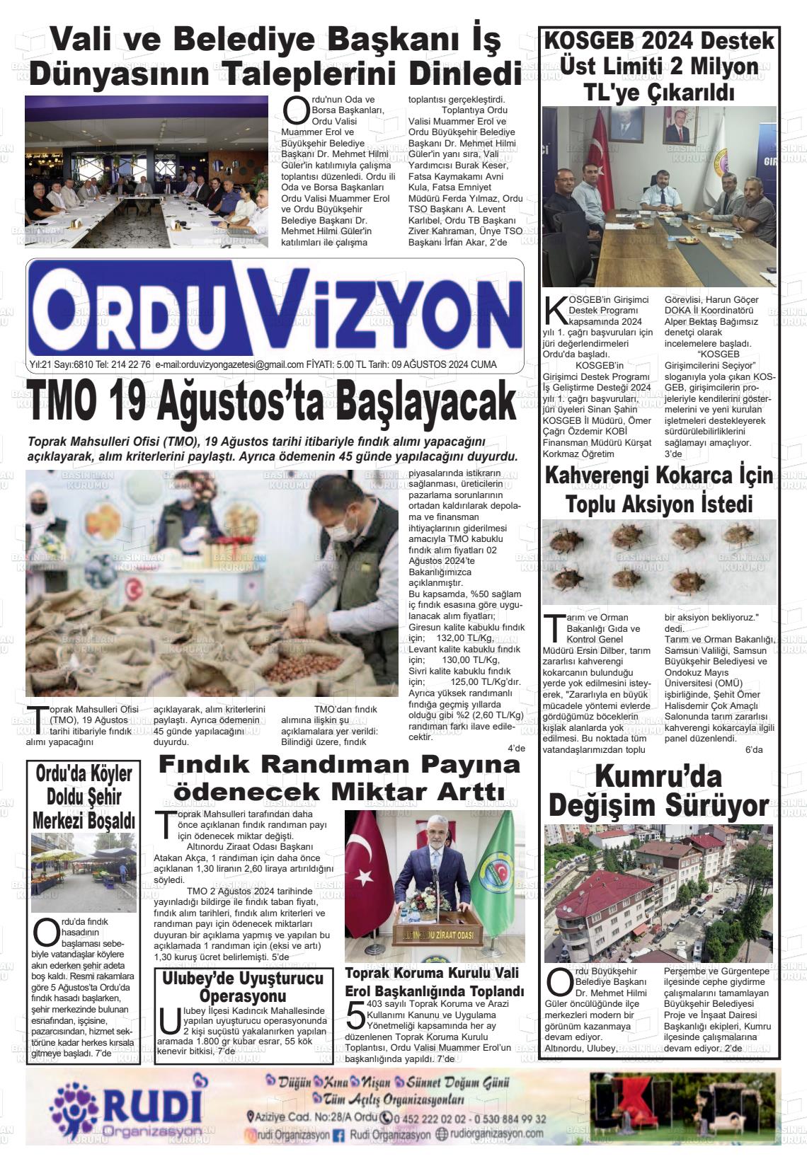 09 Ağustos 2024 Ordu Vizyon Gazete Manşeti