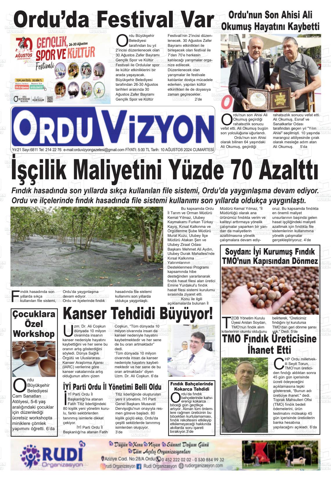 10 Ağustos 2024 Ordu Vizyon Gazete Manşeti