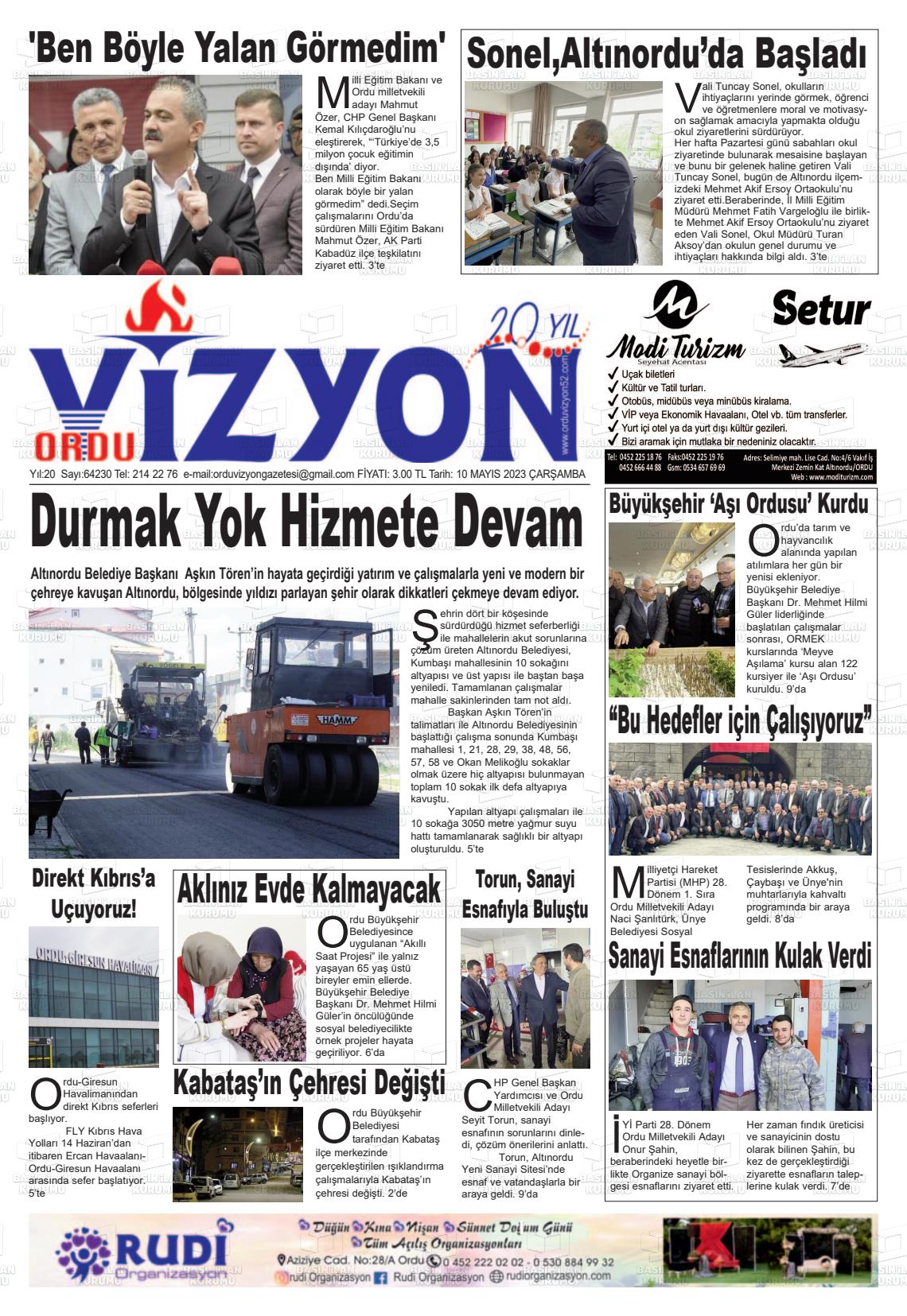 10 Mayıs 2023 Ordu Vizyon Gazete Manşeti