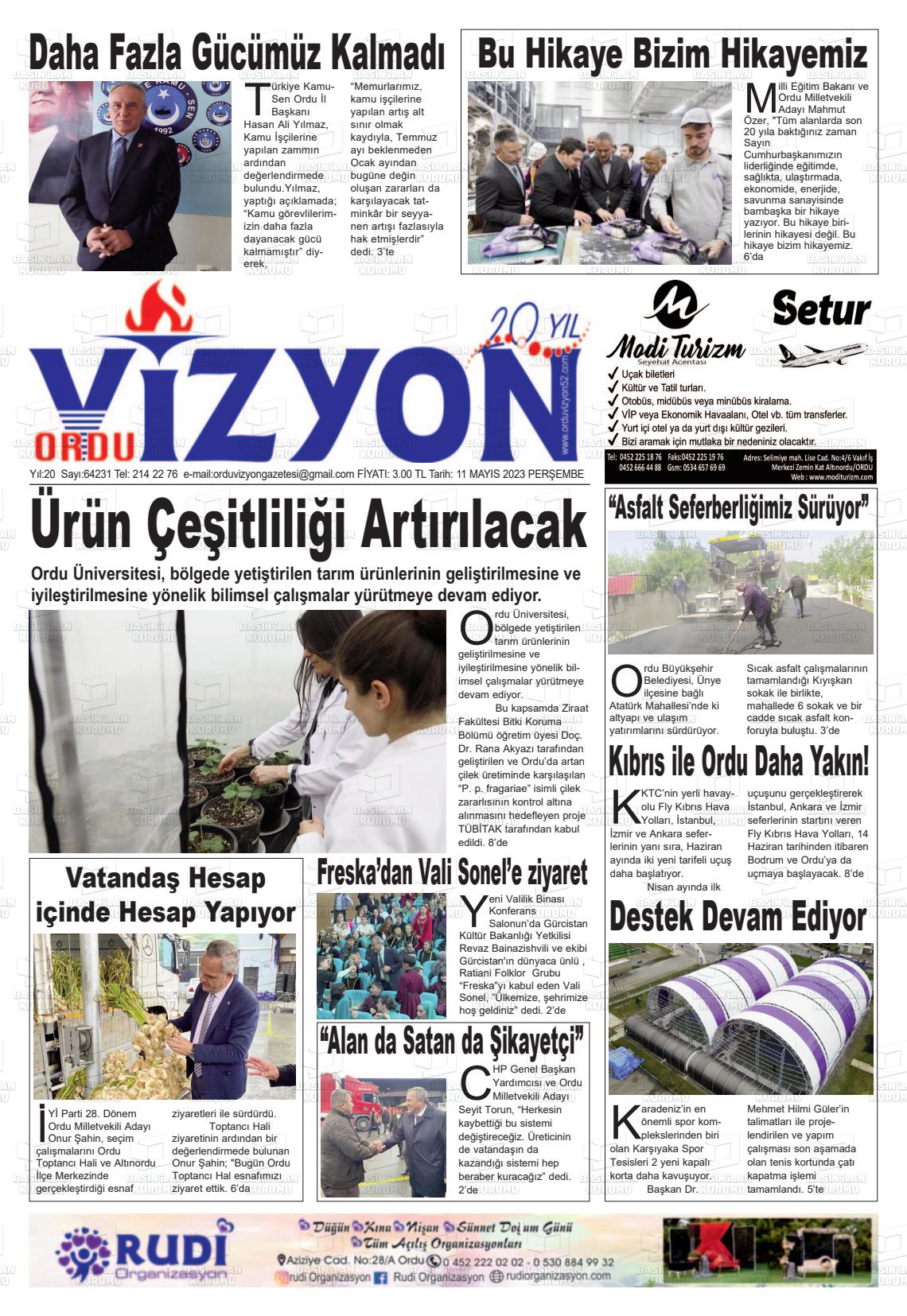 11 Mayıs 2023 Ordu Vizyon Gazete Manşeti