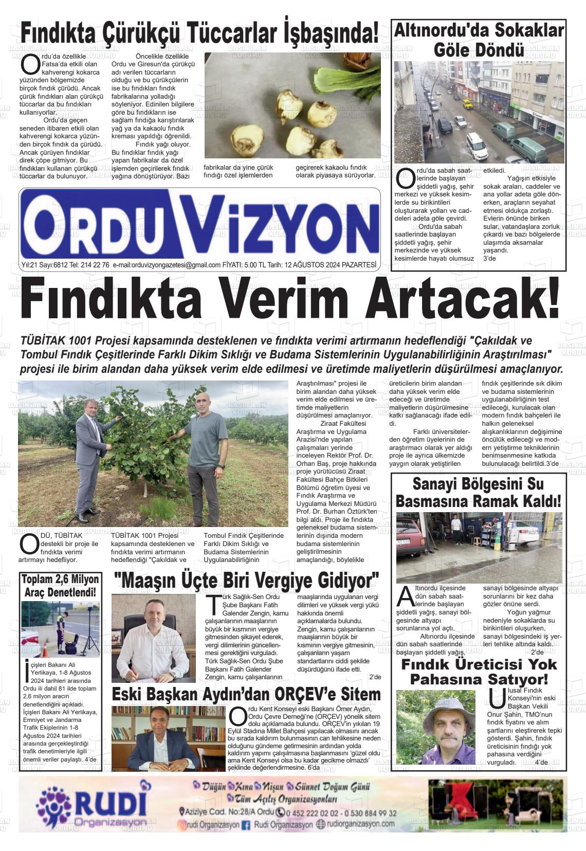 12 Ağustos 2024 Ordu Vizyon Gazete Manşeti