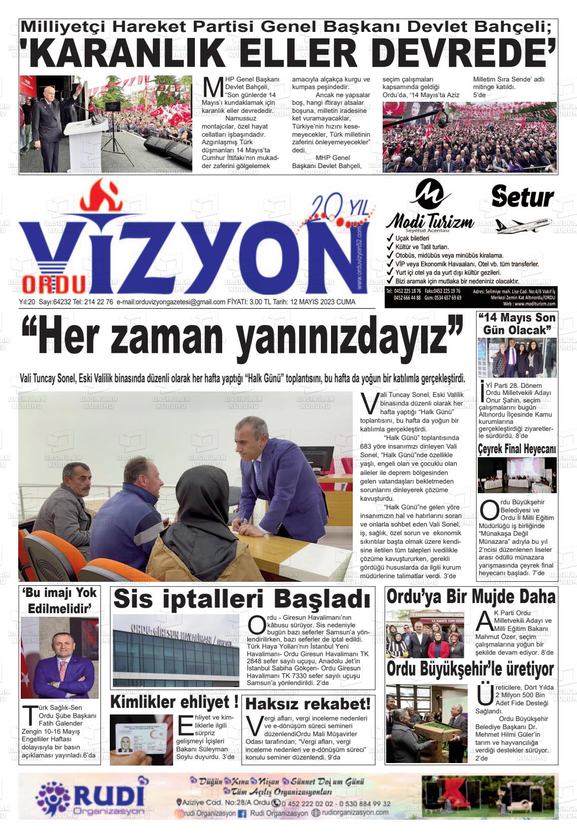 12 Mayıs 2023 Ordu Vizyon Gazete Manşeti