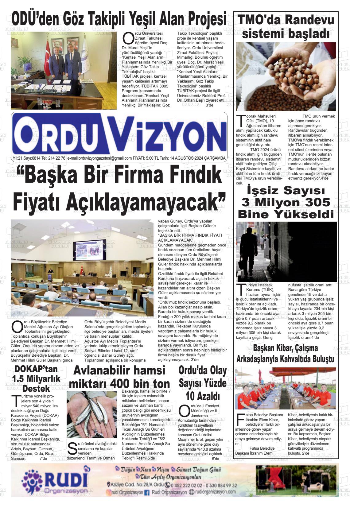 14 Ağustos 2024 Ordu Vizyon Gazete Manşeti