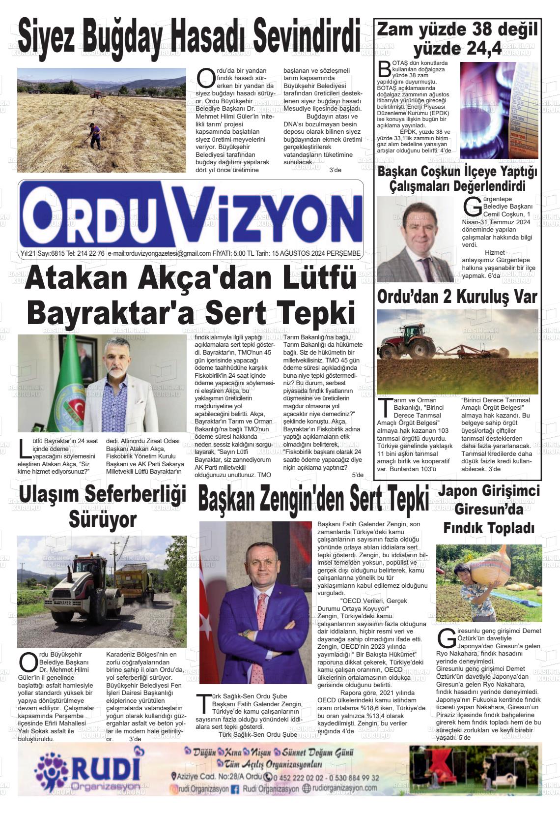 15 Ağustos 2024 Ordu Vizyon Gazete Manşeti