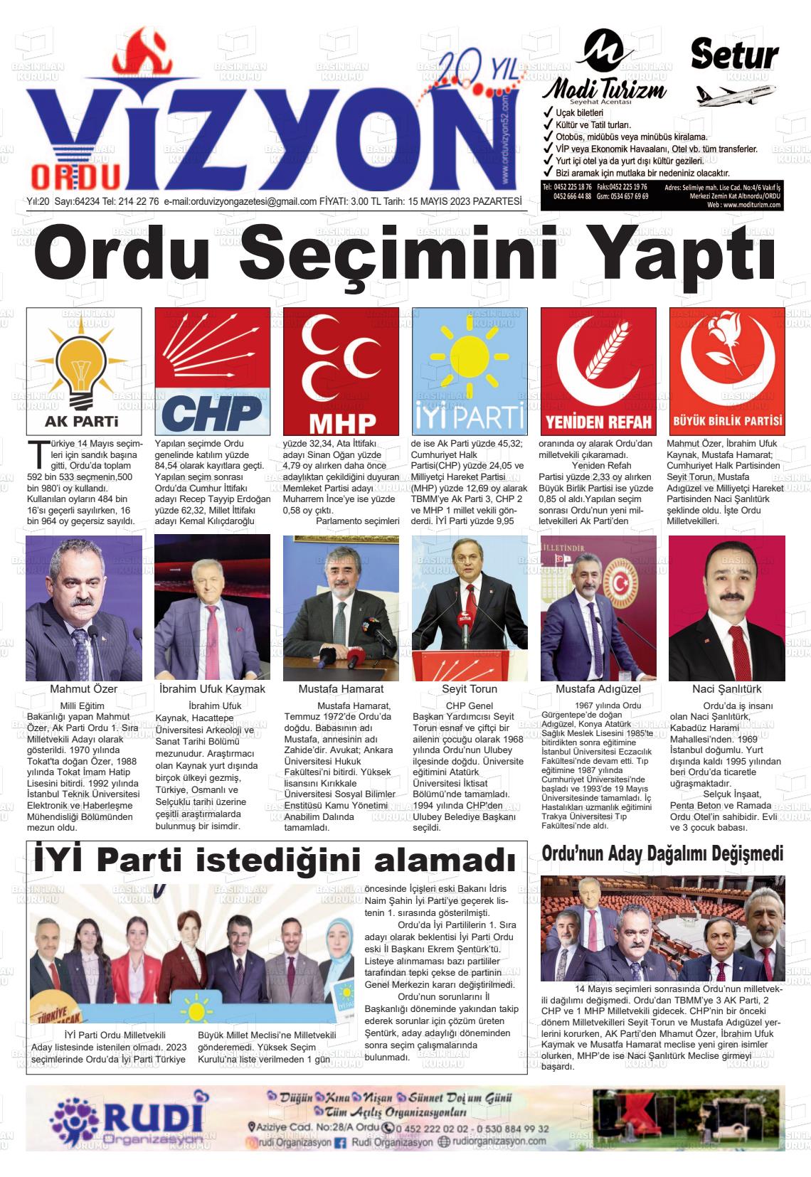 15 Mayıs 2023 Ordu Vizyon Gazete Manşeti