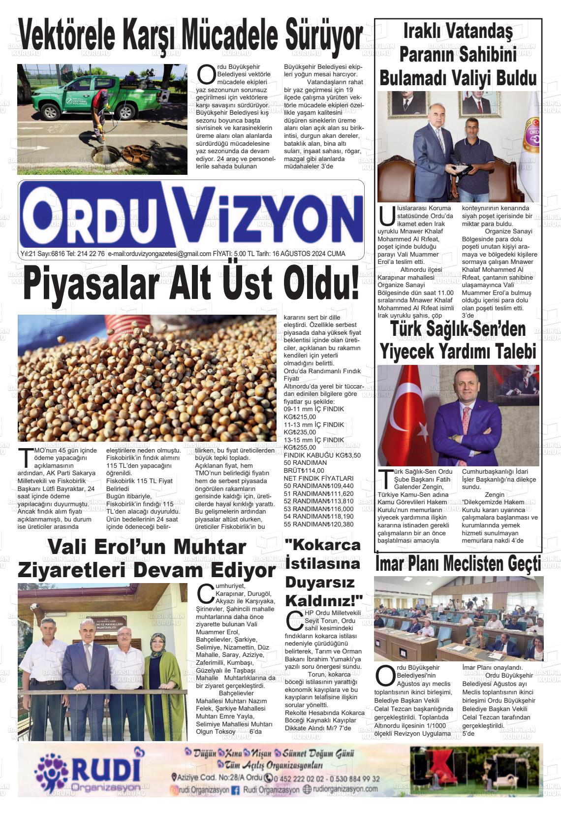 16 Ağustos 2024 Ordu Vizyon Gazete Manşeti