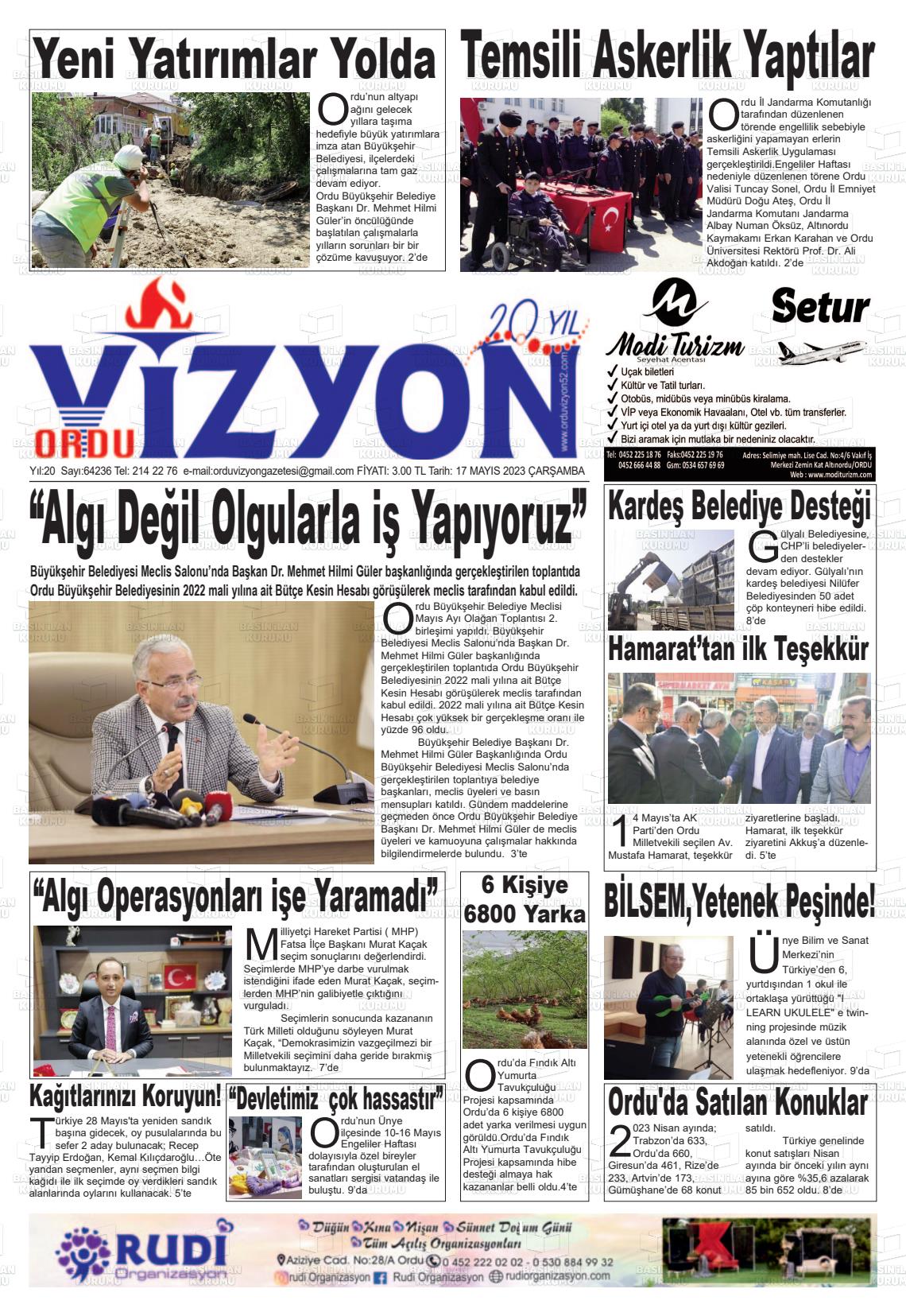 17 Mayıs 2023 Ordu Vizyon Gazete Manşeti