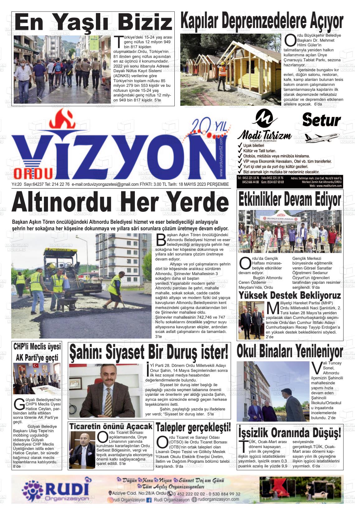 18 Mayıs 2023 Ordu Vizyon Gazete Manşeti