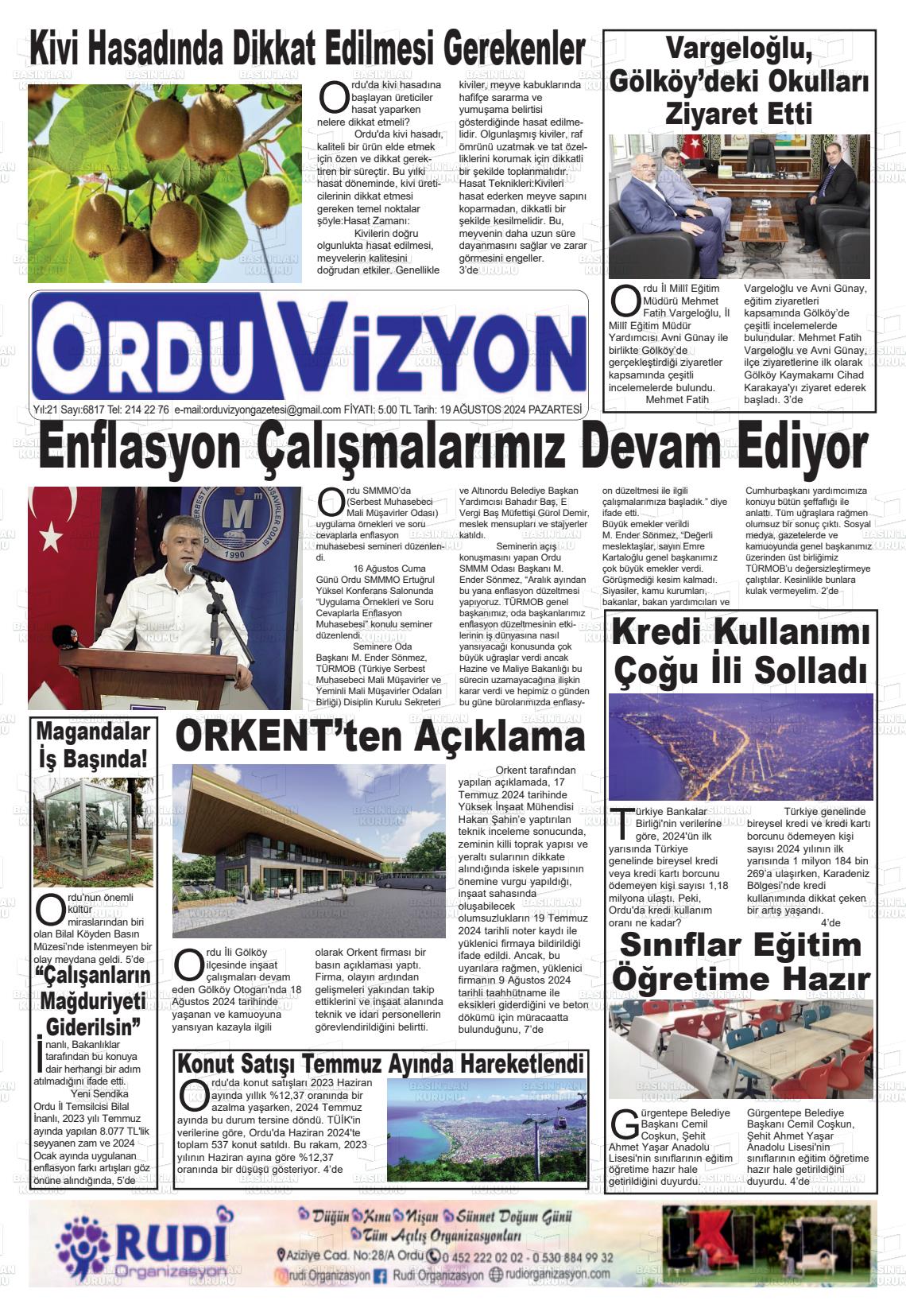 19 Ağustos 2024 Ordu Vizyon Gazete Manşeti