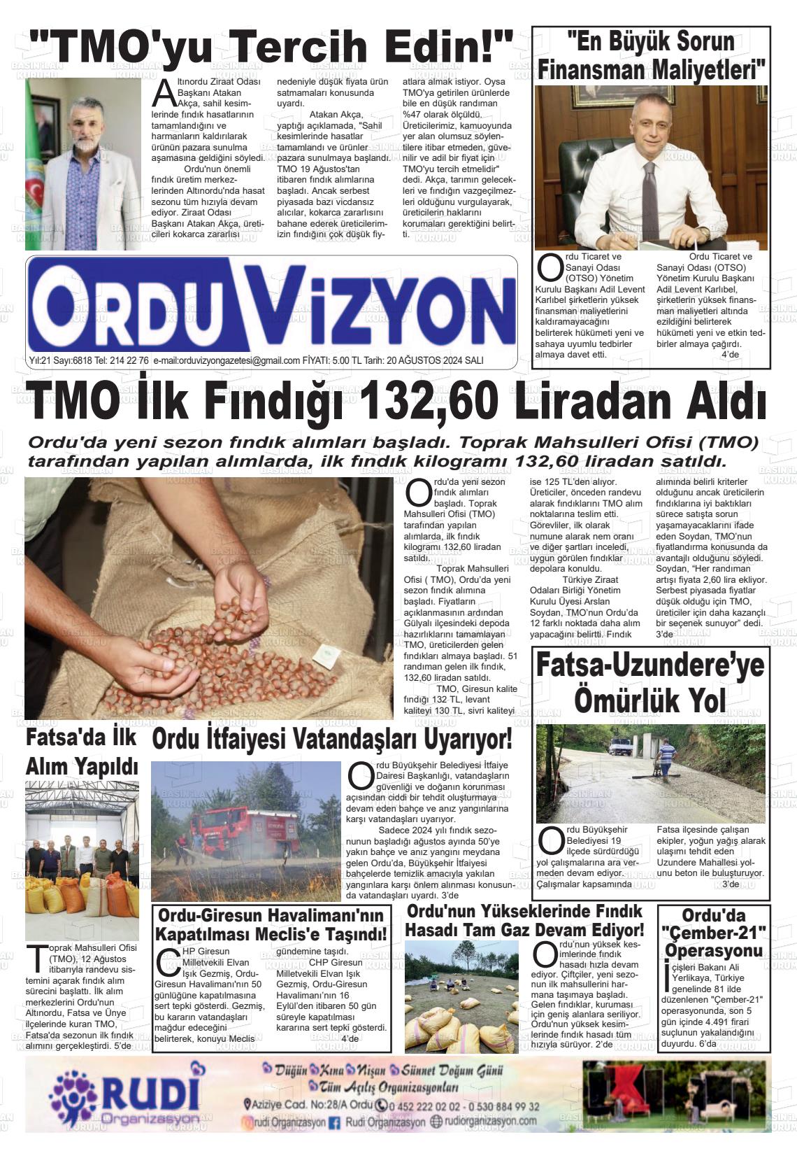 20 Ağustos 2024 Ordu Vizyon Gazete Manşeti