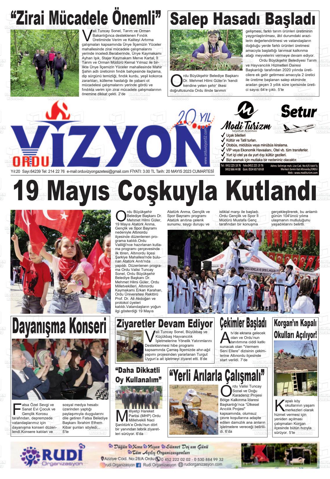 20 Mayıs 2023 Ordu Vizyon Gazete Manşeti