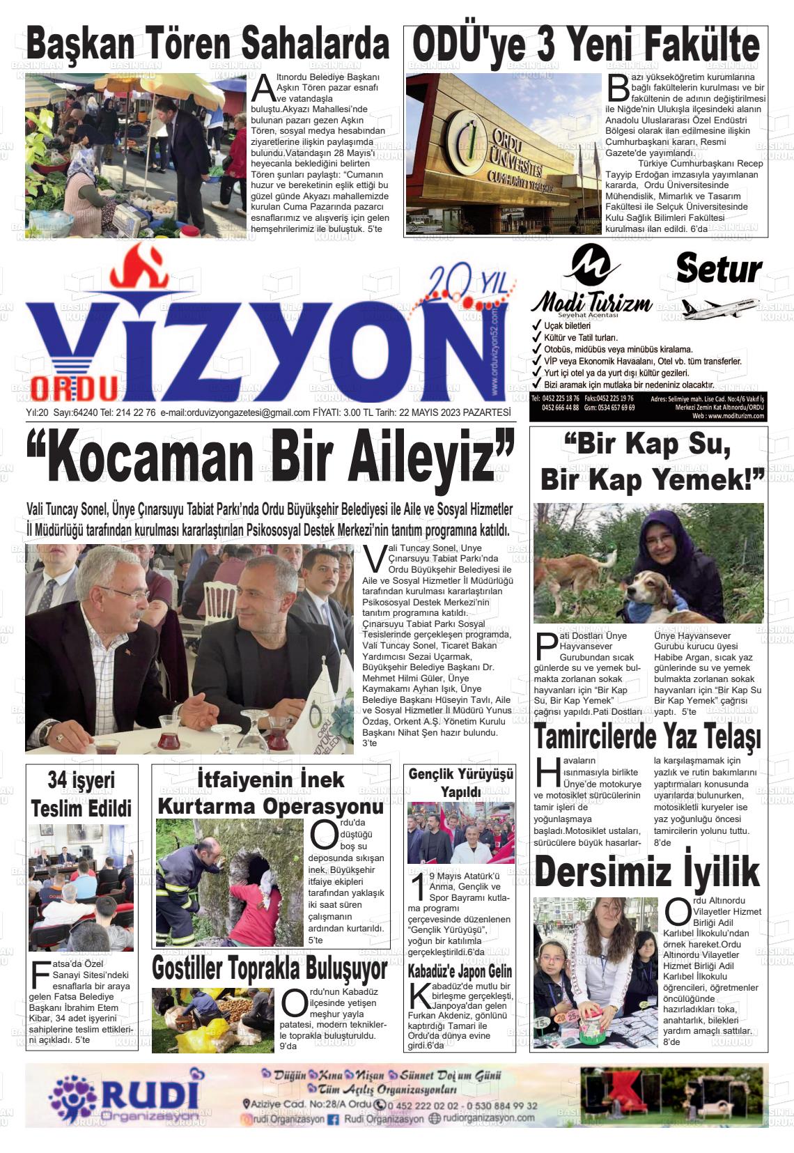 22 Mayıs 2023 Ordu Vizyon Gazete Manşeti